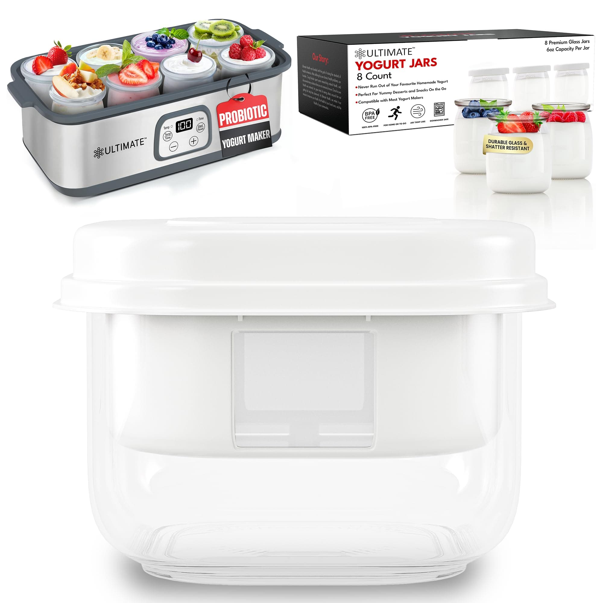 Ultimate Jars with Yogurt Maker and Eight 6oz Jars plus Yogurt Strainer Bundle - Make Trillions of Live Probiotics at Home and Make Greek Yogurt