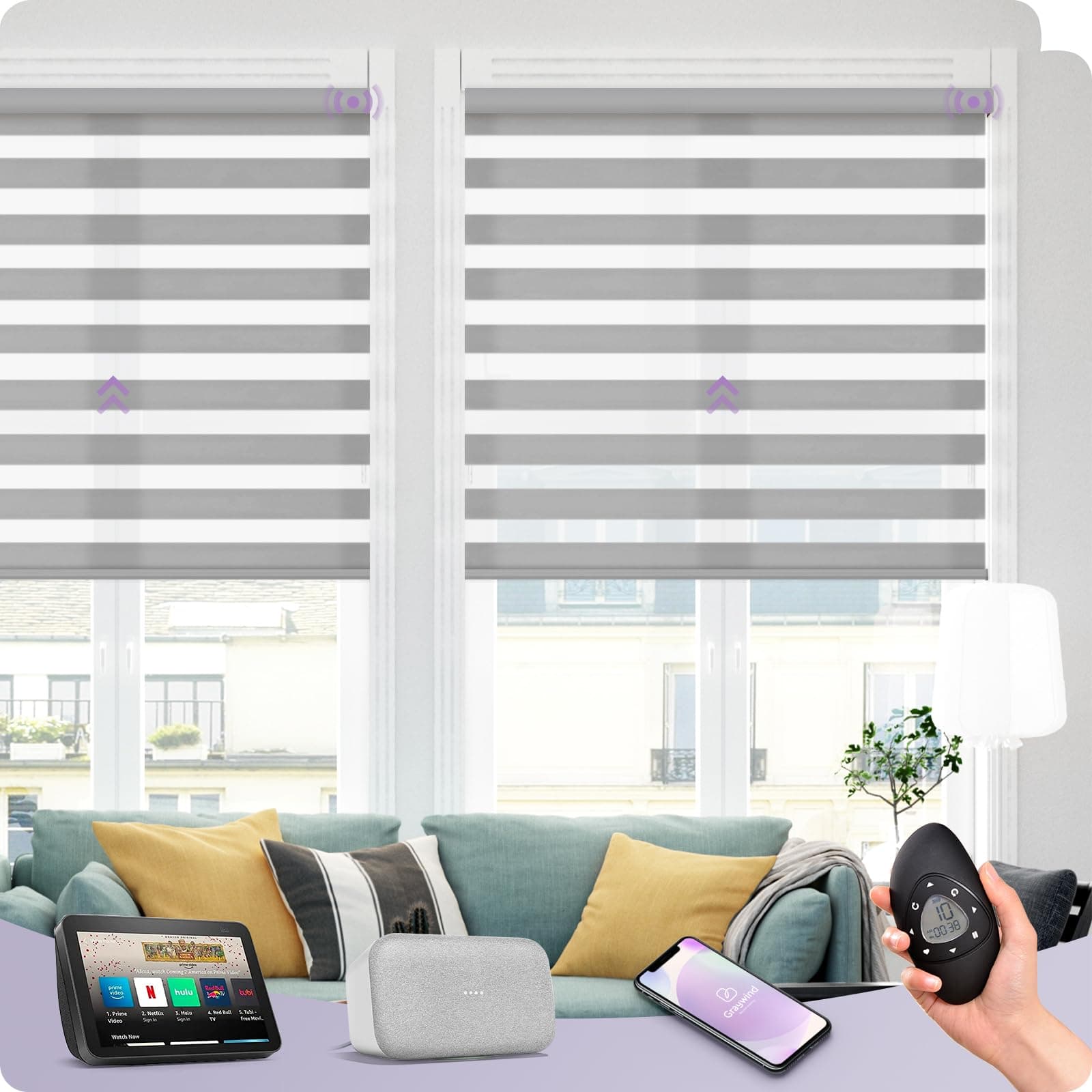 Graywind Motorized Zebra Sheer Blinds Compatible With Alexa Horizontal Light Filtering Window Shades Remote Roller Blinds with Valance for Smart Home and Office, Customized Size (Wool-like Light Grey)