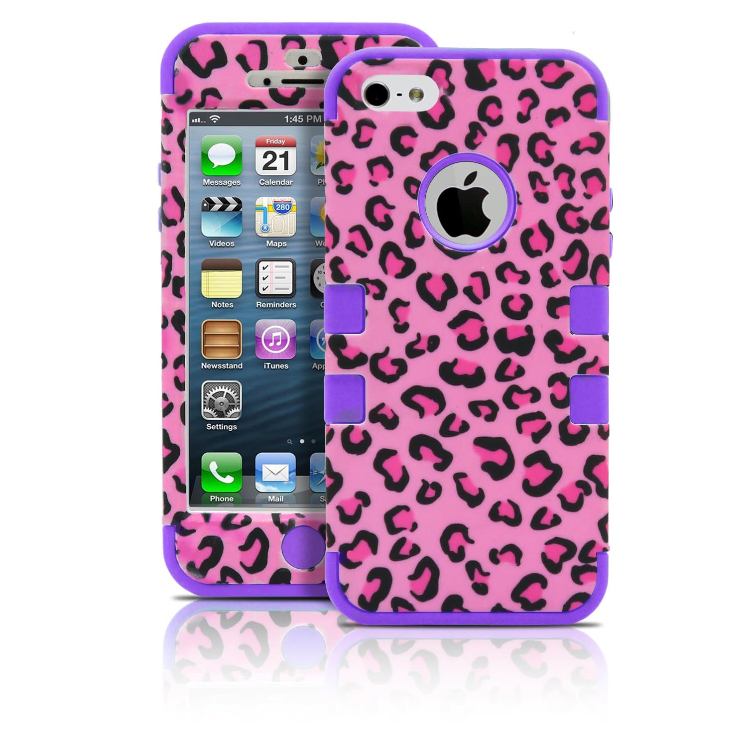 iPhone 5 Case, MagicMobile Hybrid Protective iPhone 5 Case Dual Shockproof Hard Cover Rubber Silicone Rigid Plastic Tough Armor Impact Resistant Heavy Duty Case for iPhone 5 [ Hot Pink Leopard Design Pattern - Purple ]