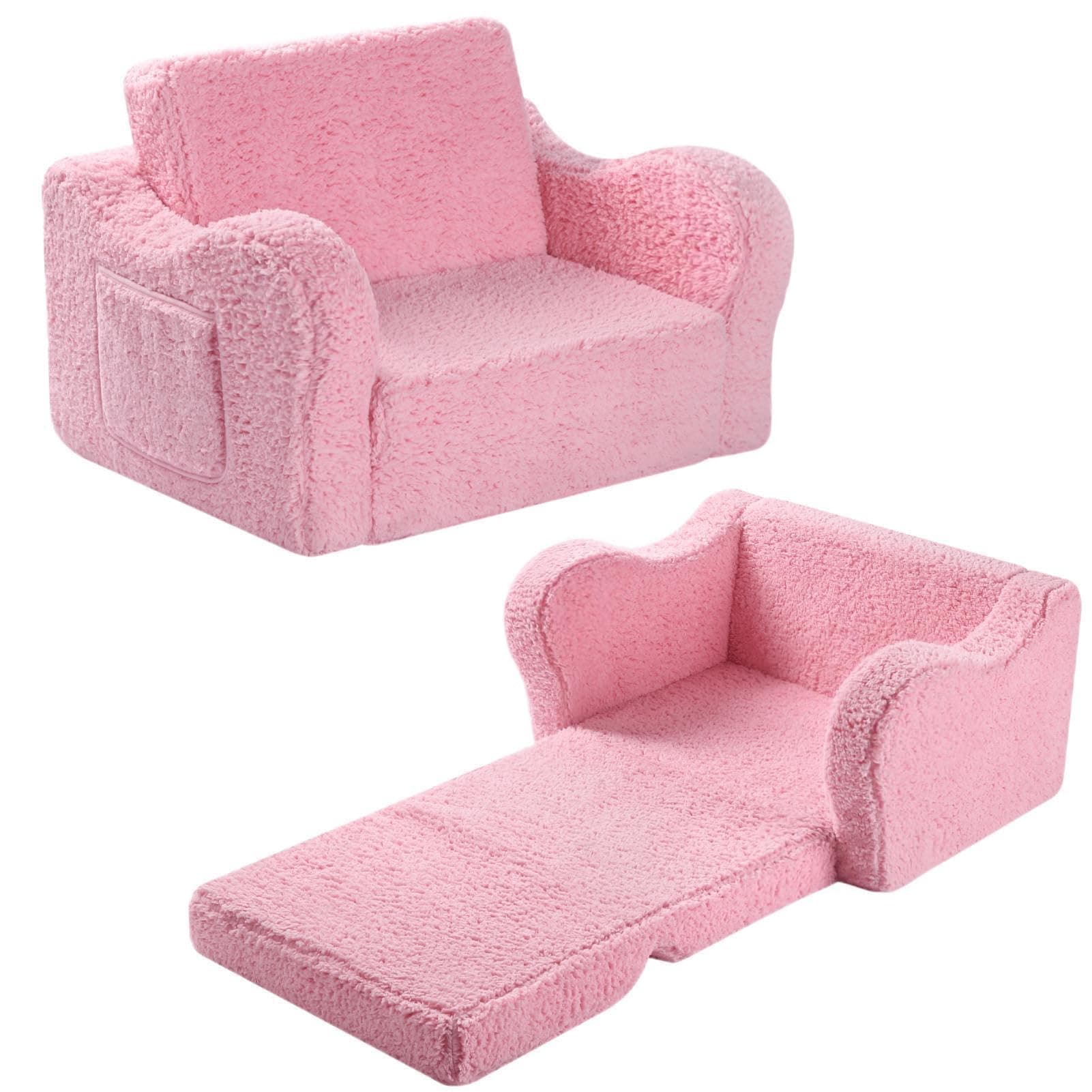 MOMCAYWEX Kids Sofa, 2-in-1 Flip-Out Foam Couch with Soft Sherpa Cover, Cozy Play Lounge Chair, Pink