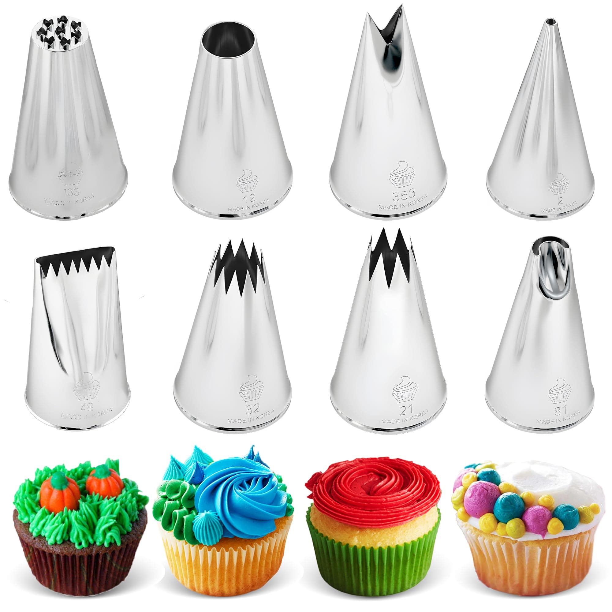 Set of 8 Professional Pastry Nozzles (#2, 32, 21, 12, 81,352, 133, and 48) for Pastry Sleeves - Decorating and Making Cupcakes, Cakes, Churros, Made in South Korea