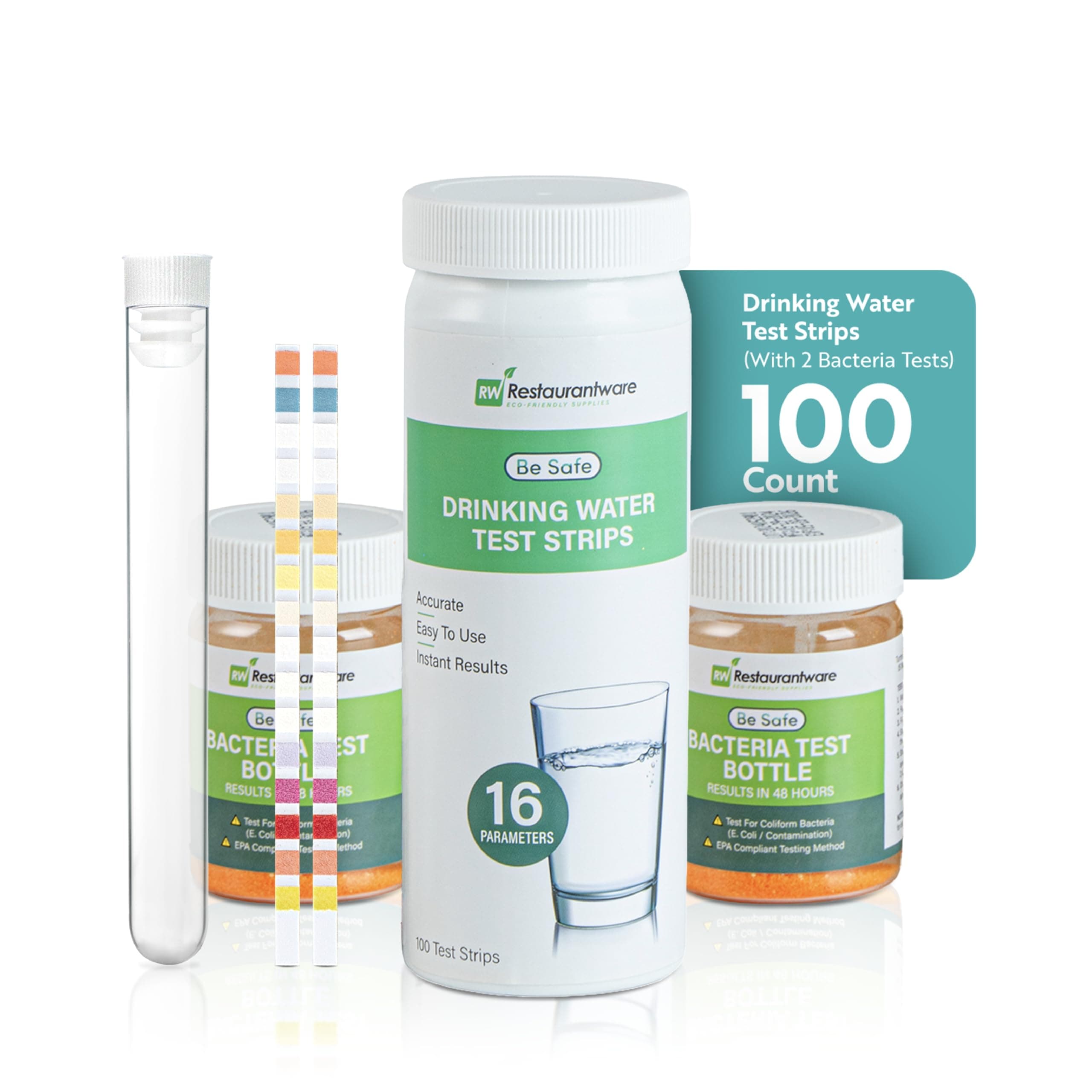 Restaurantware Instant Multiple-Use Water Test Kit 100 Count 17-in-1 Water Test Kit, 2 Bacteria Tests, For Tap & Well Water, Chlorine Testing Strips, Tests For Lead, Bacteria, Hardness, Fluoride