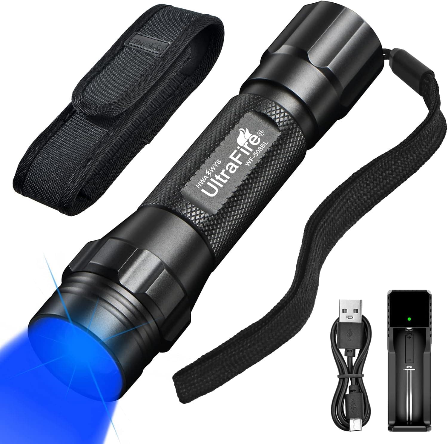 Blue Light Flashlight, 450-460nm Single Mode LED Blue Flashlight, Portable Small Blue Light for Night Fishing and Outdoor Activities-Black House WF-508BL