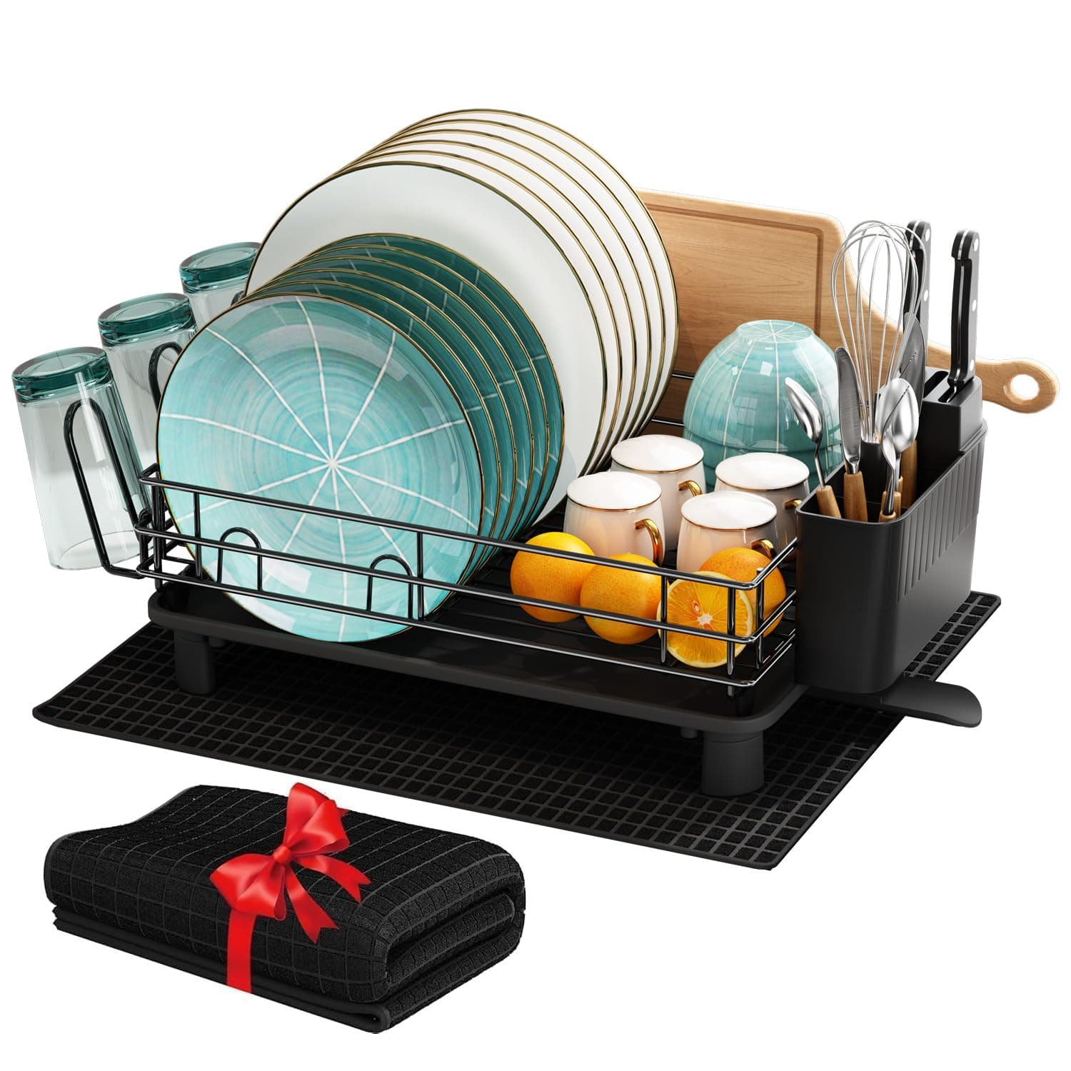 MAJALiS Dish Drying Stand, Large Dish Drying Rack for Counter Kitchen Rack, Stainless Steel Dish Rack with Utensil Holder and Dryer Mat, Dish Drainer Rack Draining Board Rack (Black - One Tier)