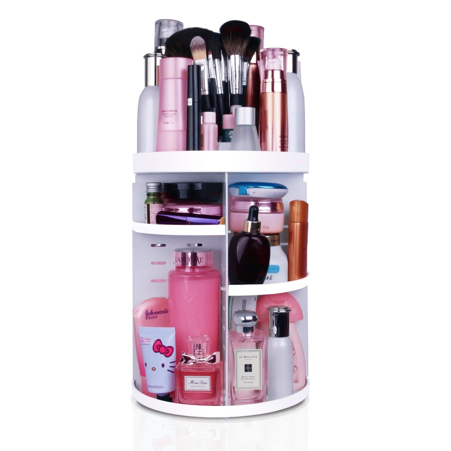 MOFIR Makeup Organizer 360 Degree Rotating, Adjustable Multi-Function Cosmetics Storage Box, Small Size Extra Large Capacity, Fits Different Sizes of Cosmetics (Circle with Grid Top, White)