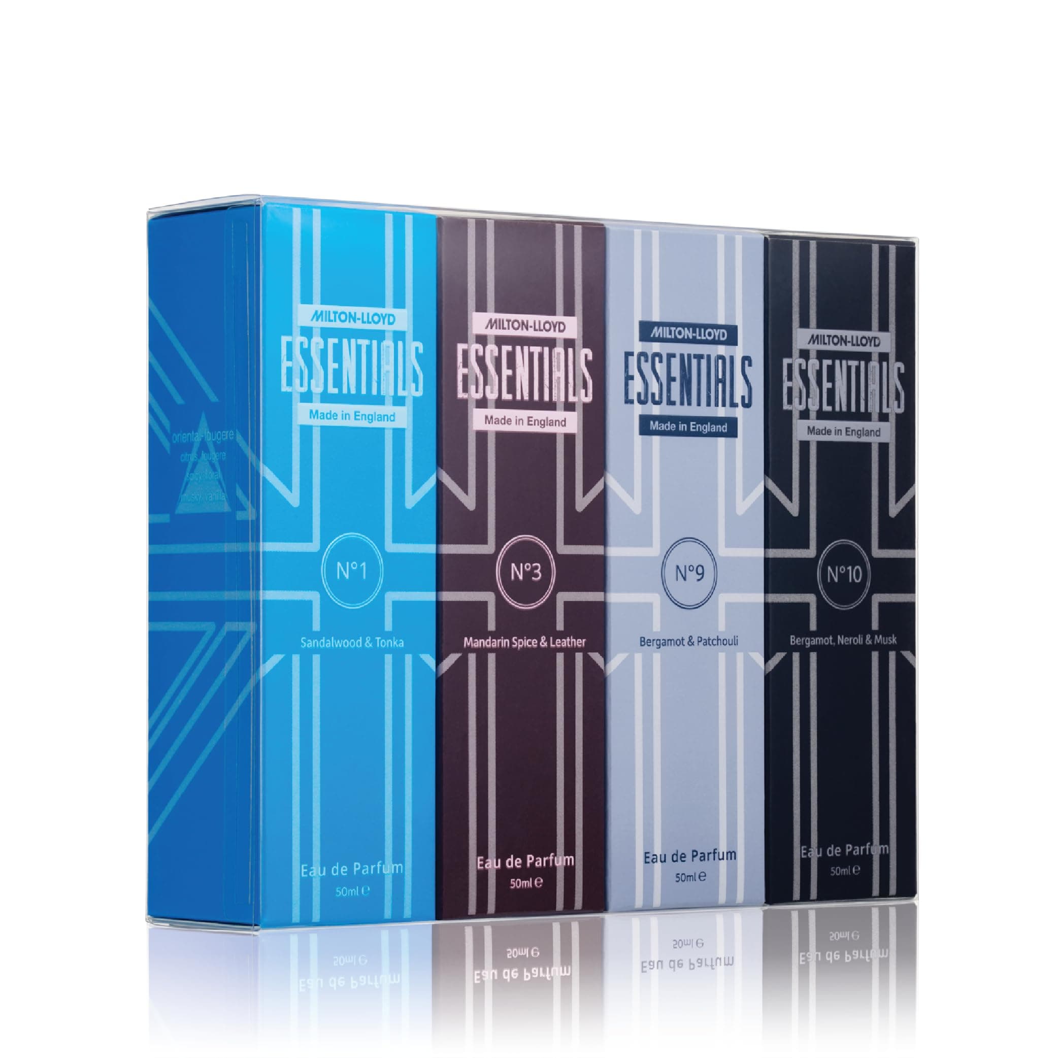 Essentials Quad Pack for Him – 4 x 50ml Mens Aftershave Gift Set (No1, No3, No9, No10) – Long-Lasting Eau de Parfum with Fresh, Masculine Notes – Luxury Perfume for Men – Made in England