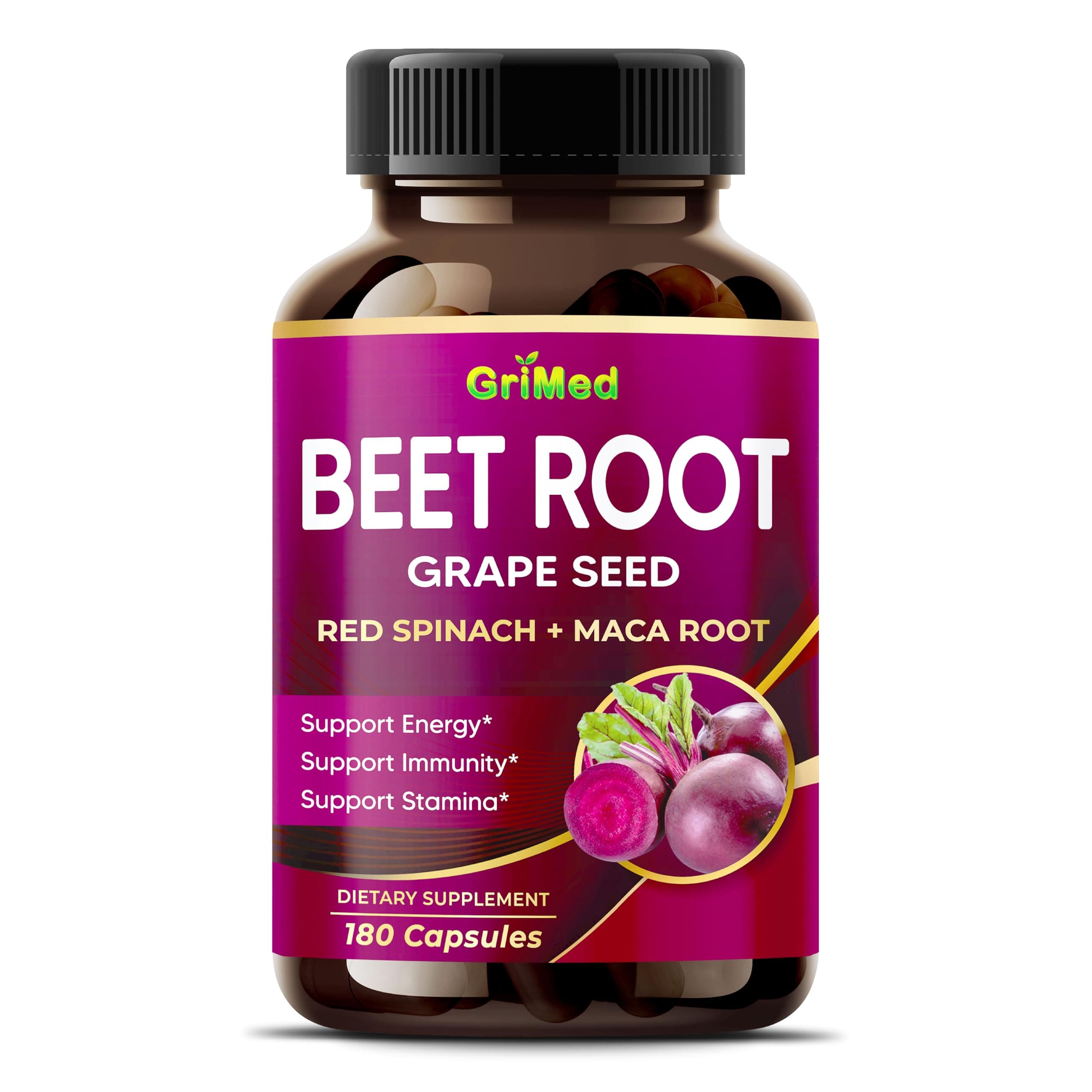 GriMed Beet Root with Grape Seed Extract, Maca Root, Red Spinach & Ashwagandha – 180 Vegetable Capsules