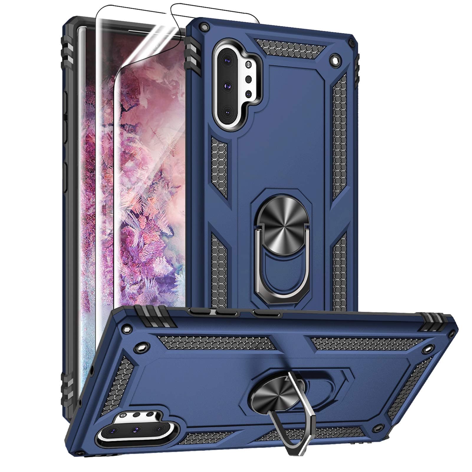 Androgate for Samsung Galaxy Note 10 Plus Case with HD Screen Protectors, Military-Grade Metal Ring Holder Stand Drop Tested Shockproof Cover Case for Samsung Note 10+/ 5G Blue