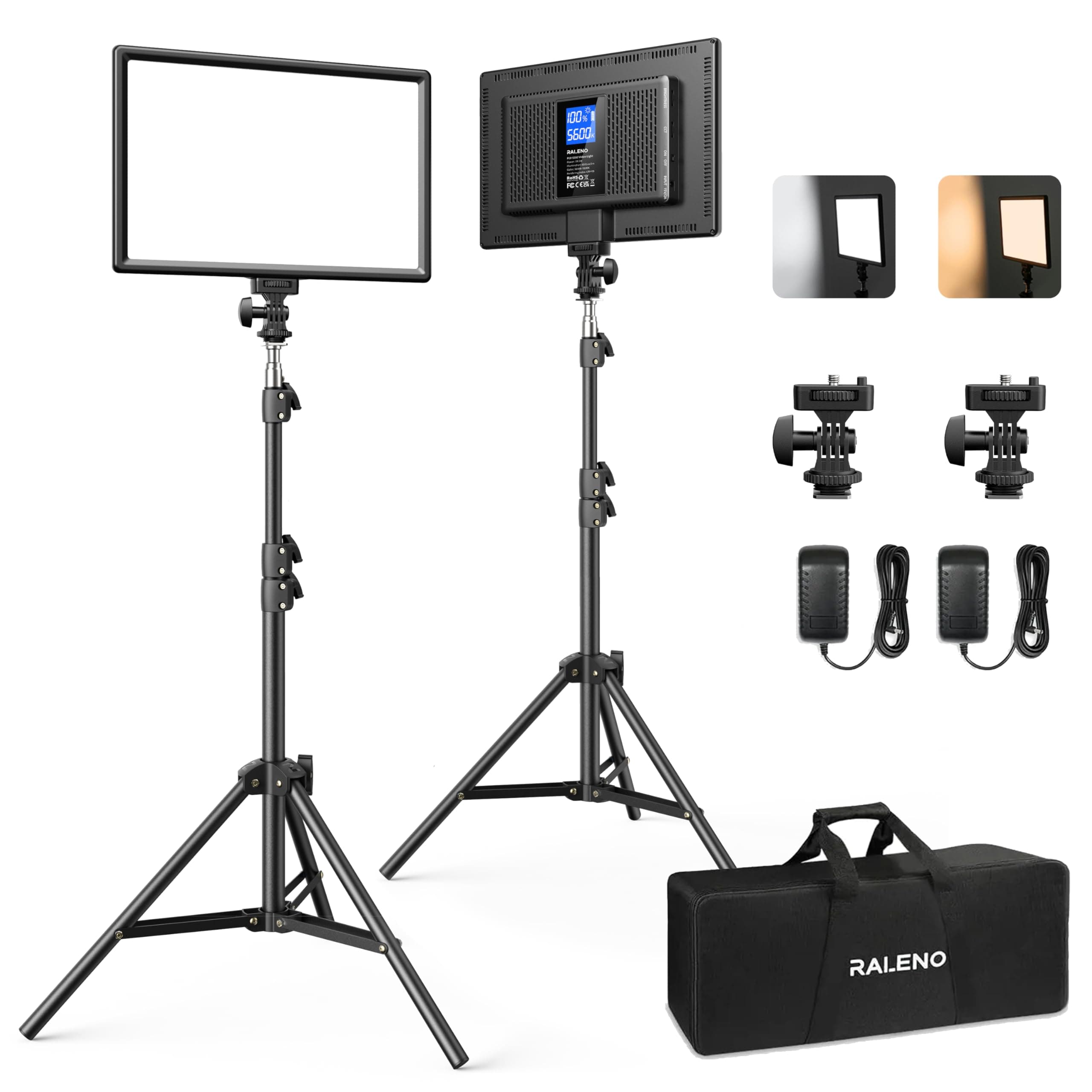 RALENO 13" Edge-Lit LED Video Light Panel Kit (2-Pack), Bi-Color 2500K-6500K Soft Studio Lights with CRI 95+, 75" Stand & 8000mAh Battery, Photography Light for Streaming/Zoom/YouTube/Makeup