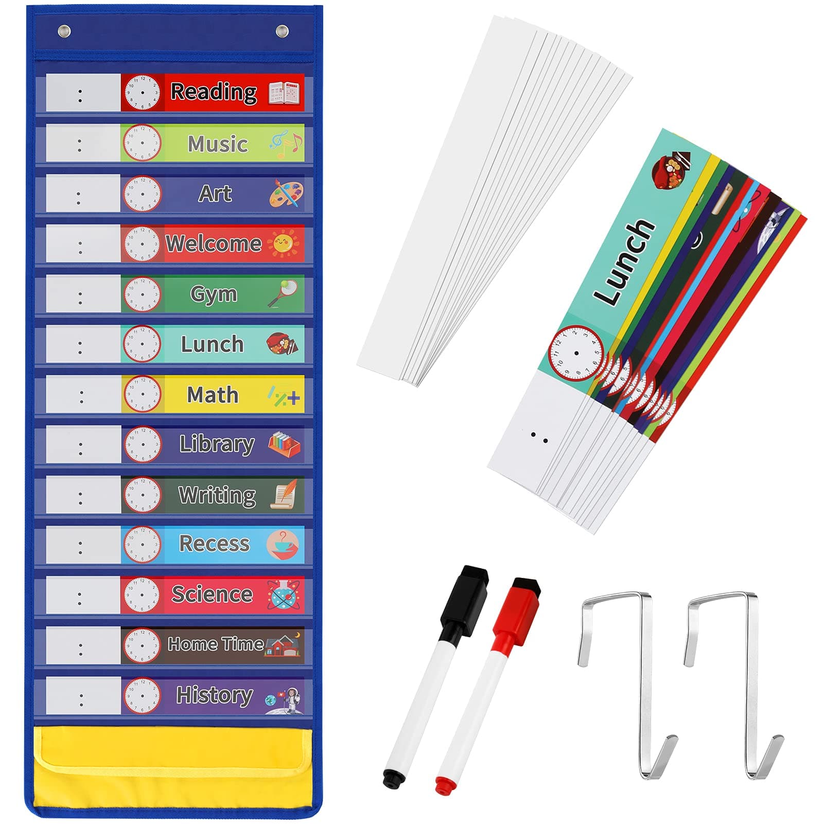 Daily Schedule Pocket Chart, 13+1 Pocket Visual Schedule Chart, 18 Double-Sided Blank Reusable Dry-Eraser Cards, Educational Schedule Charts for Classroom Homeschooling Toddlers(Blue)