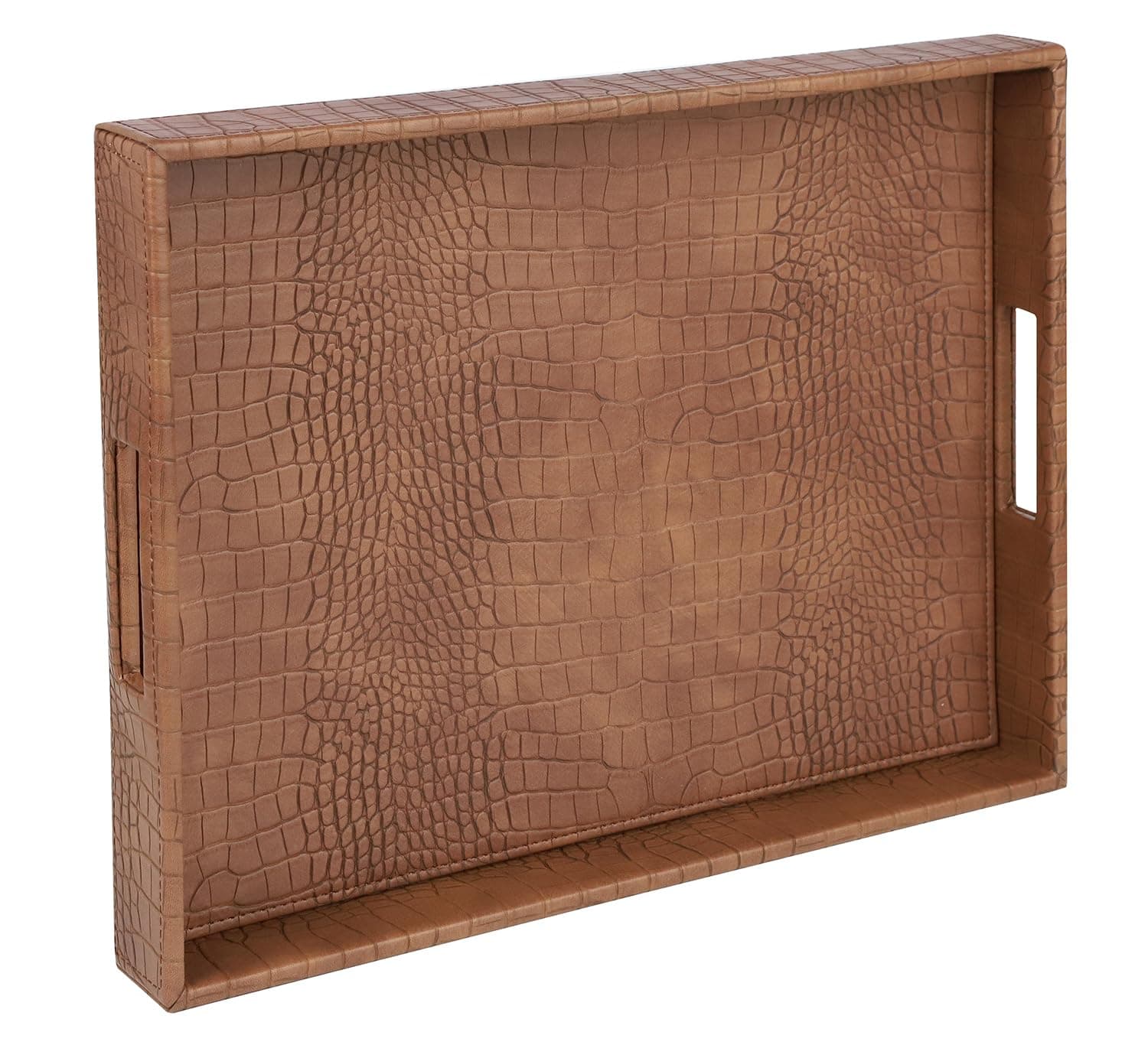 HofferRuffer Rectangle Serving Tray with Hole Handles for Coffee Table, Breakfast, Tea, Food, Butler - Countertop, Kitchen, Vanity Serve Tray, 16.2 x 12.2 x 2 inches, Faux Leather (Antique Brown)