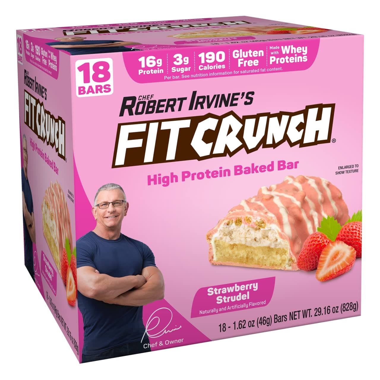 Fit Crunch Snack Size Protein Bars, Designed by Robert Irvine, 6-Layer Baked Bar, 3g of Sugar & Soft Cake Core (18 Bars, Strawberry Strudel)