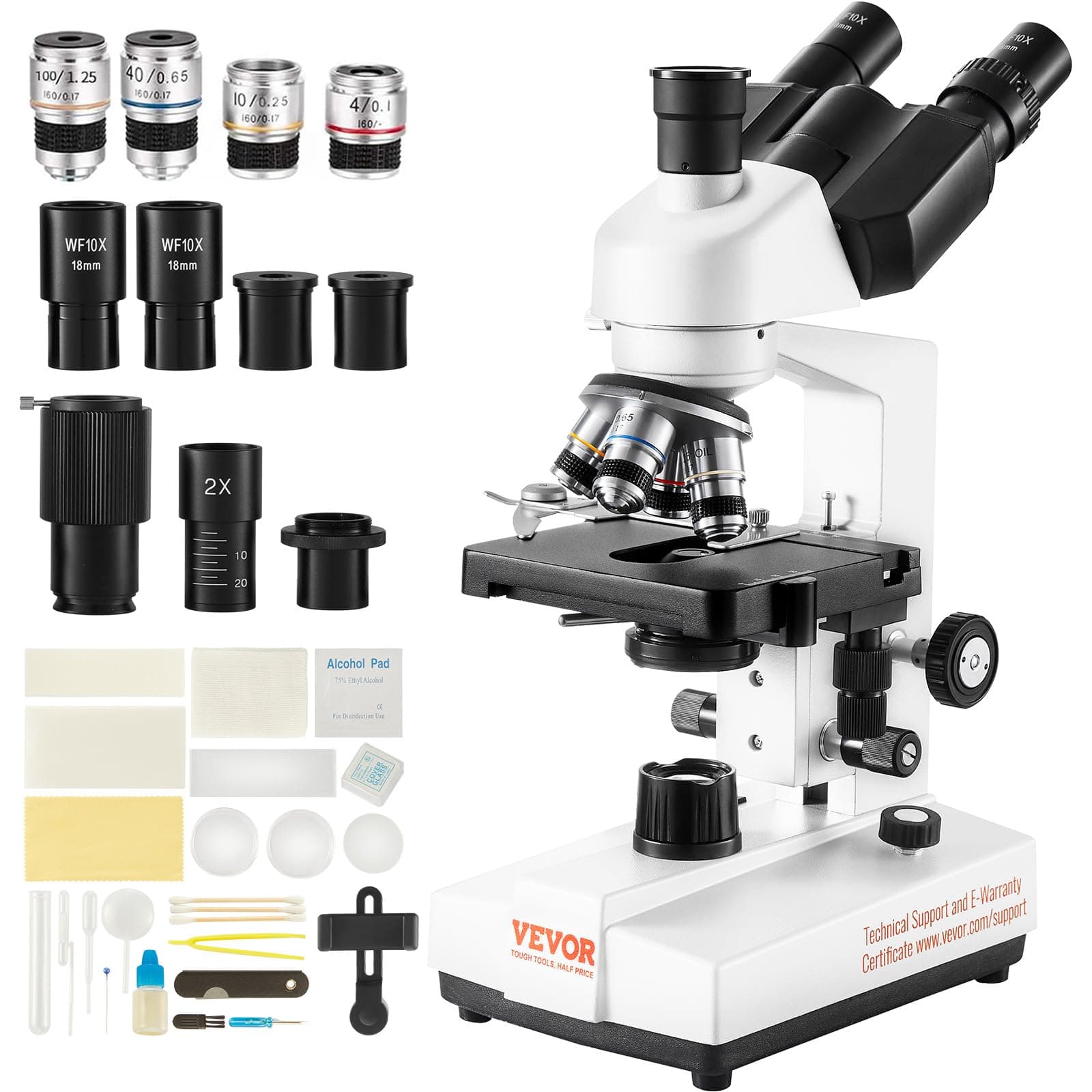VEVOR Compound Trinocular Microscope, 40X-5000X Magnification Trinocular Compound Lab Microscope with Two-Layer Mechanical Stage, LED Illumination, External Interface and Microscope Slides Included