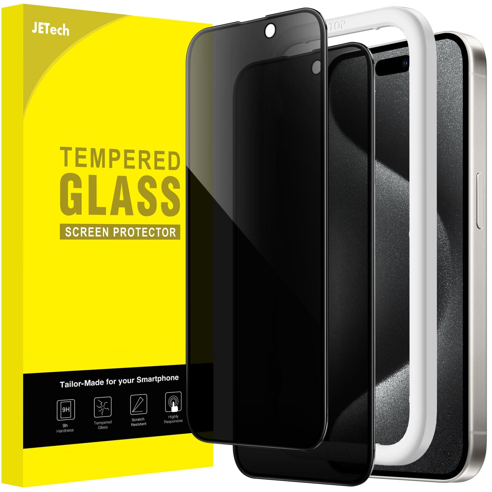 Privacy Full Coverage Screen Protector for iPhone 15 Pro 6.1-Inch, Black Edge Anti-Spy Tempered Glass Film with Easy Installation Tool, Case-Friendly, 2-Pack