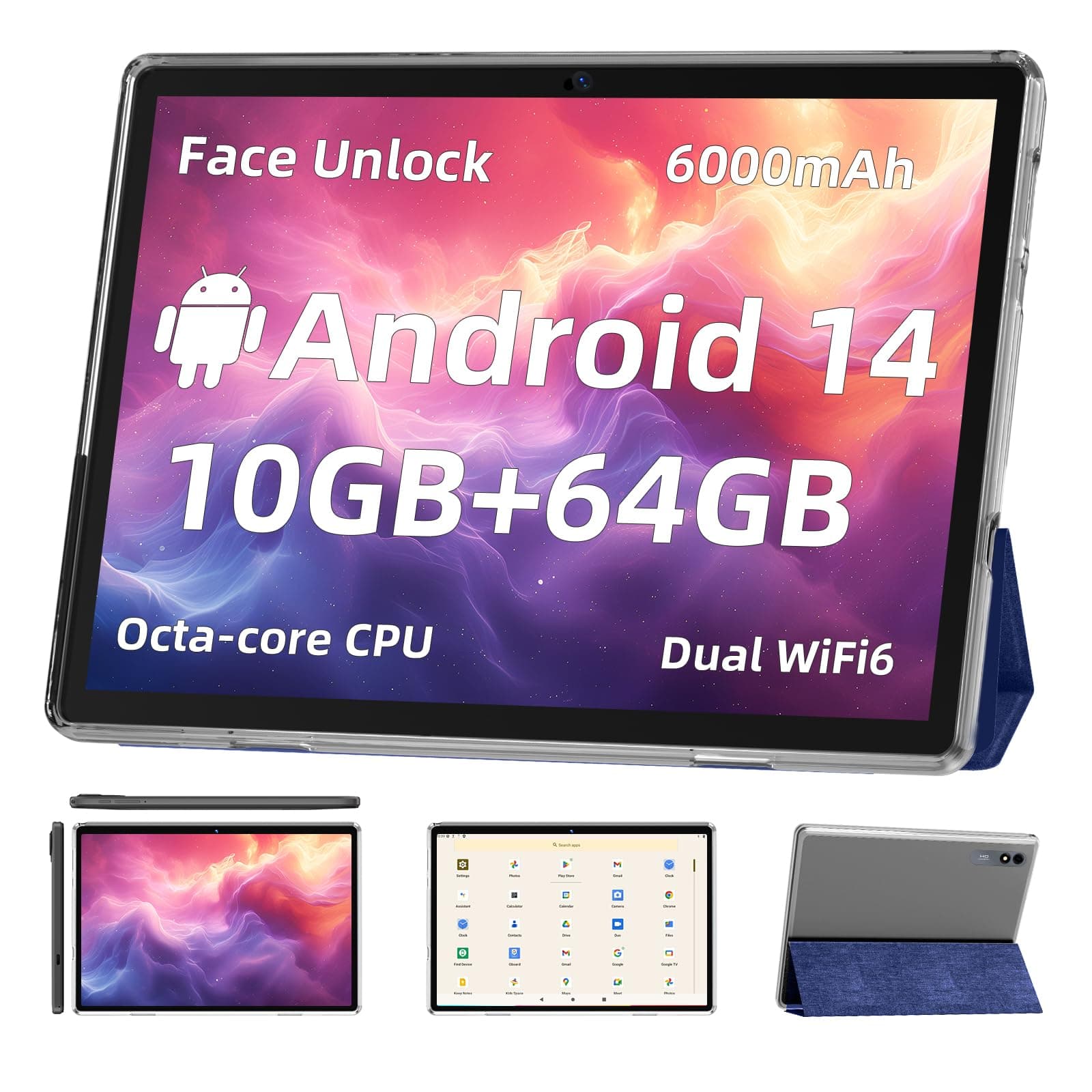 Android 14 Tablet,10 inch Tablet, Octa Core Processor, 10GB+64GB+512GB Expansion, 1280x800 HD IPS Display Screen, Wi-Fi6, Dual Camera, 6000mAh Battery Tablet PC,Support Widevine L1 Google Kids Space