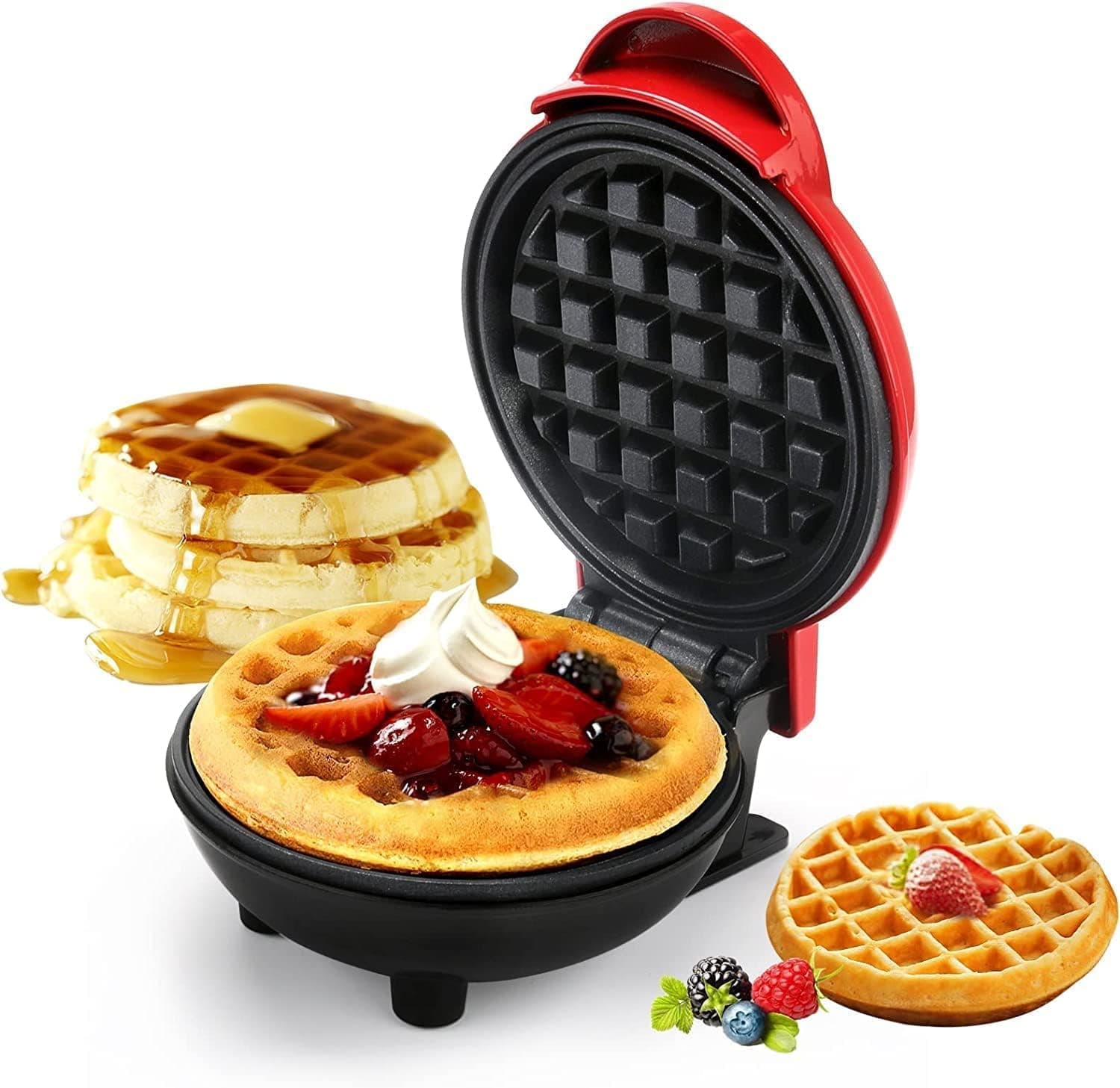 3-in-1 Mini Waffle Maker Machine | 4-Inch Non-Stick Breakfast & Snack Maker for Waffles, Sandwiches, Pancakes & More | Compact Kitchen Appliance – Assorted Color (350W)
