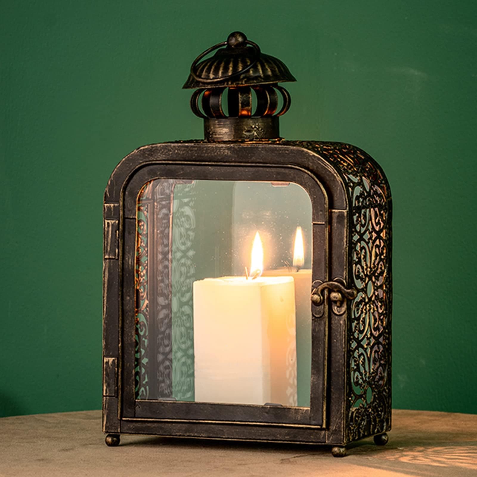 DECORKEY Candle Lantern Decorative Indoor & Outdoor, Vintage Metal Lanterns with Clear Glass, Tabletop&Hanging Candle Holders for Patio Front Porch Home Decor, Christmas Decorations (Bronze)