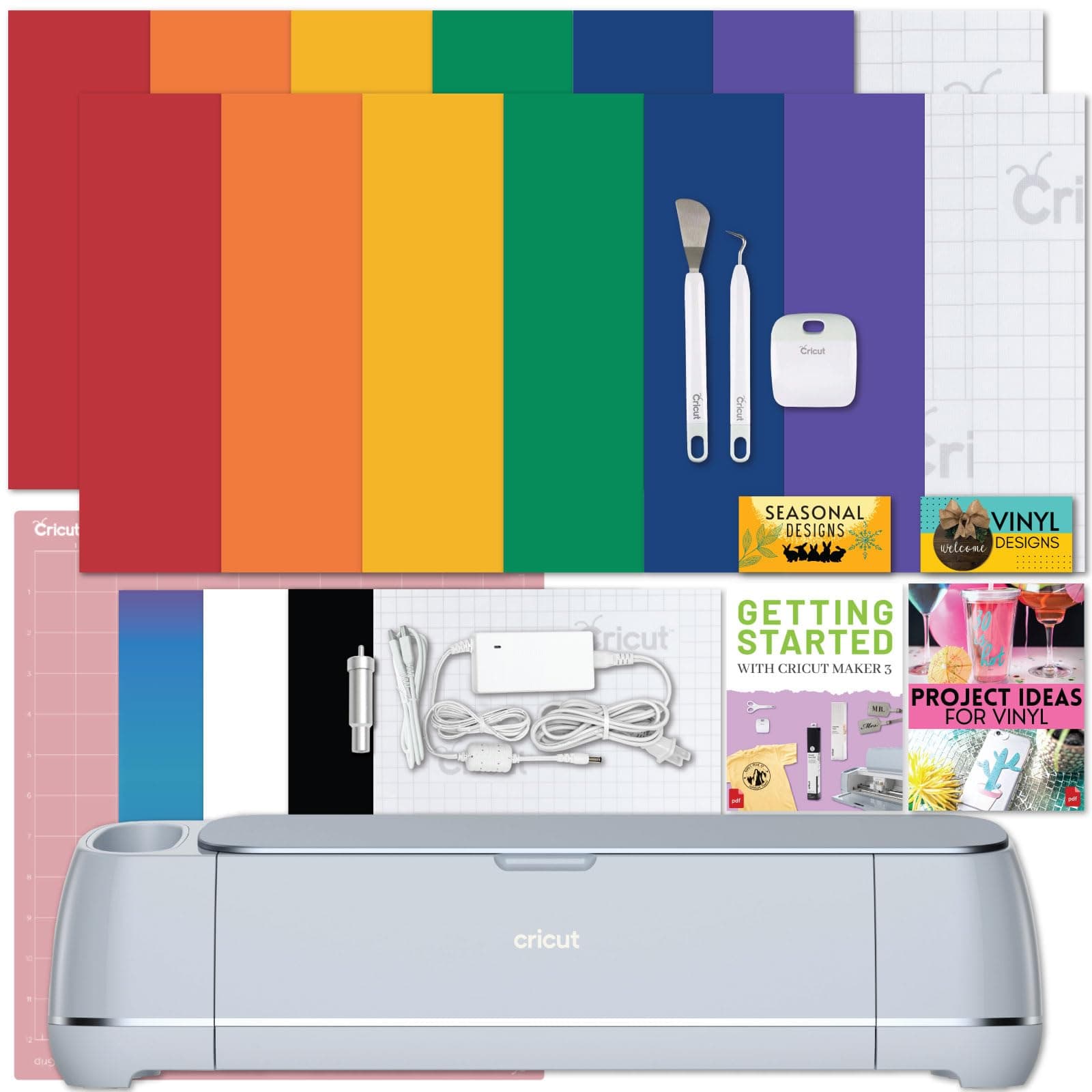 Maker 3 Cutting Machine with Rainbow Smart Vinyl Bundle - Electronic Craft Die-Cutting Machine with Variety Vinyl, Transfer Tape and Weeding Tools, Beginner Kit, Bluetooth Connectivity