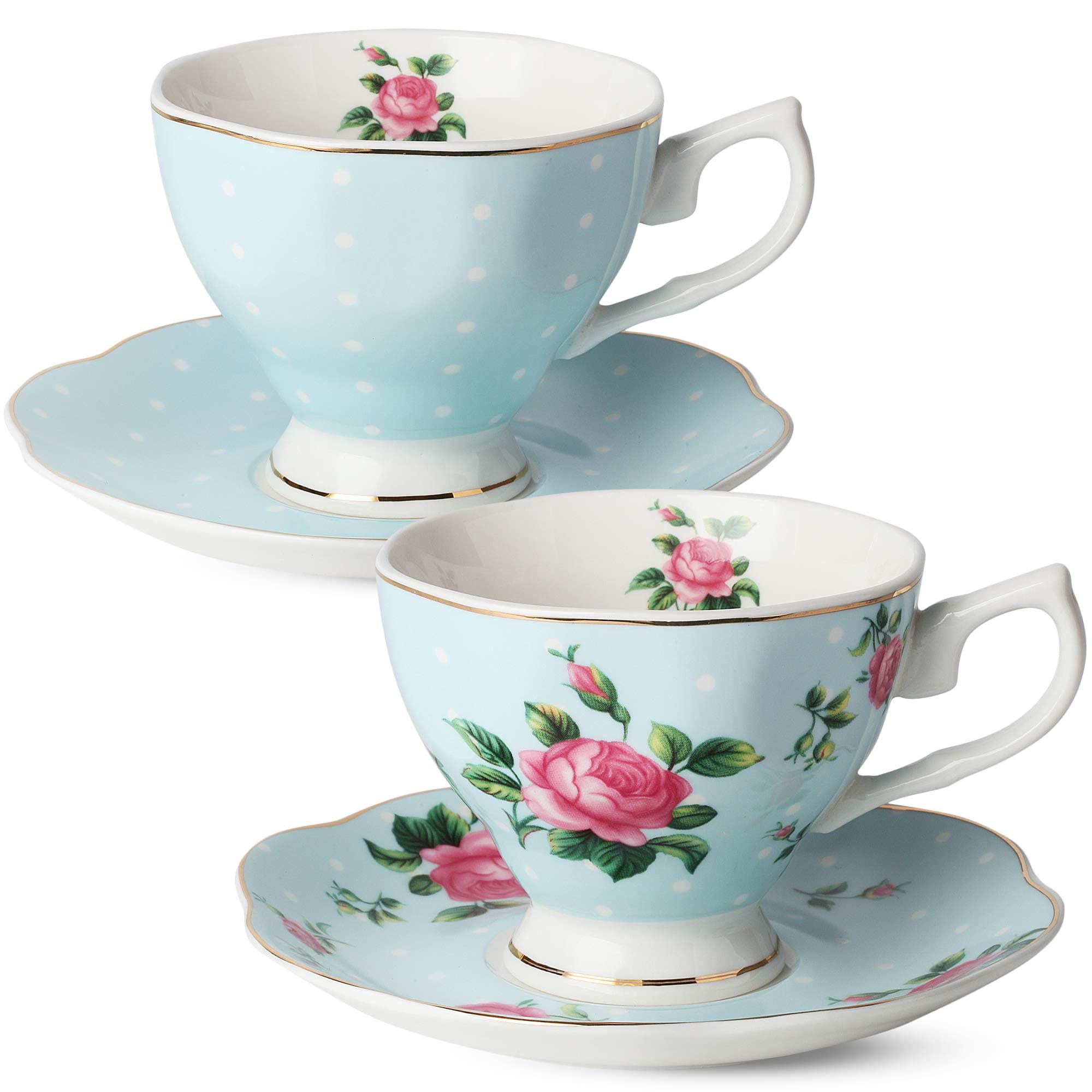 BTaT- Floral Tea Cups and Saucers, Set of 2, 8 oz, Fine Porcelain Teacup Set with Gold Trim for Afternoon Tea, Weddings, Parties & Gifting, Dishwasher Safe, Lightweight, Non-Toxic, Mothers Day Gift