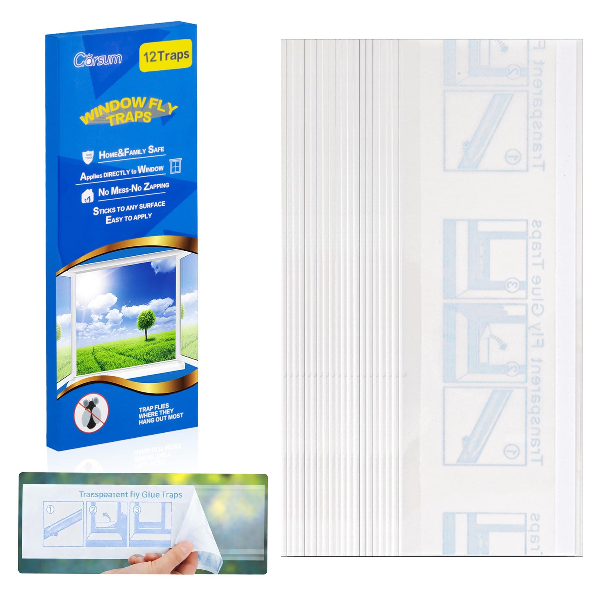 Garsum Window Fly Traps Indoor, Fly Paper Bug Sticky Strips, House Fly Killer Window Decal Non-Toxic，12 Pack