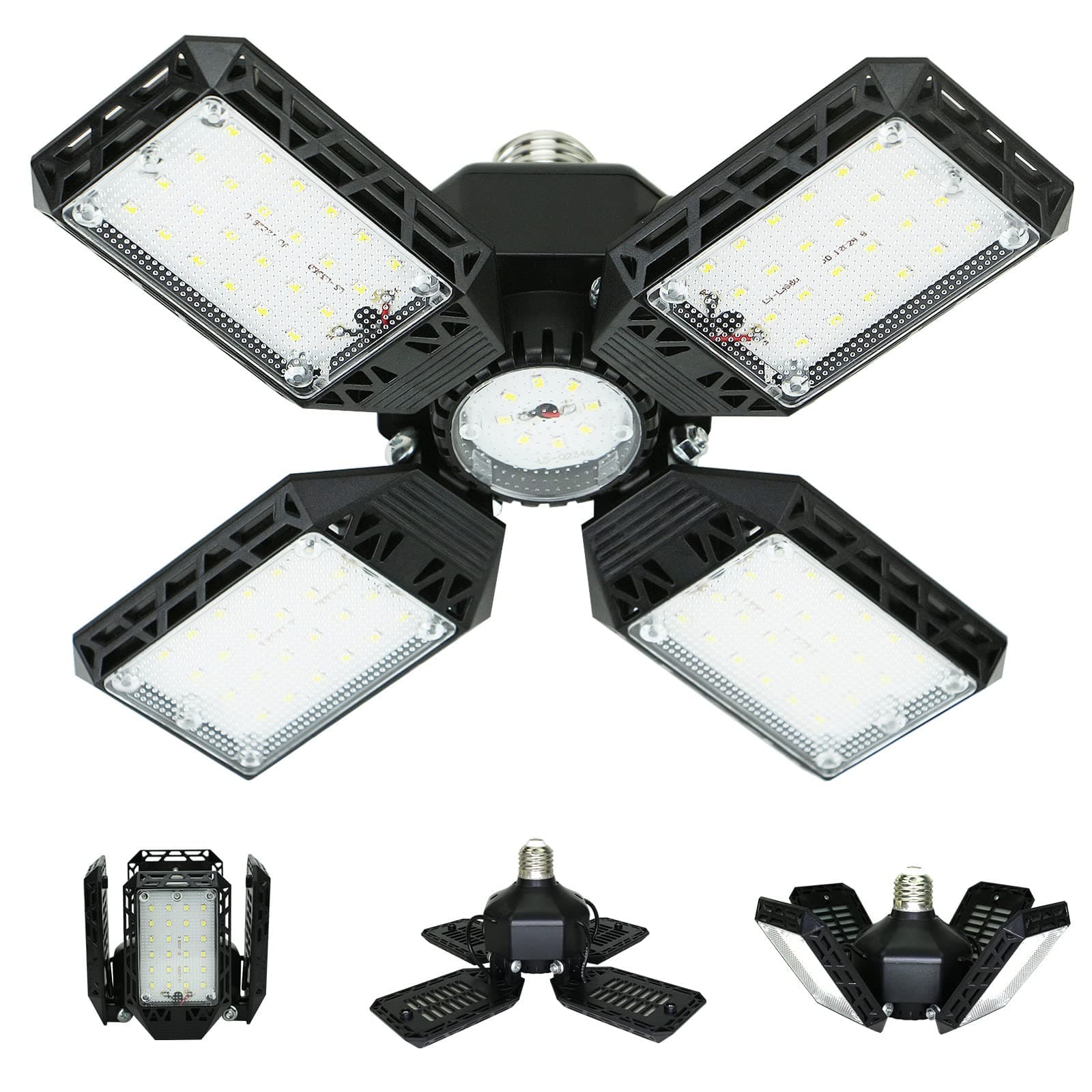 150W Deformable LED Garage Ceiling Light With 4 Adjustable Panels, 15000LM, E26/E27 for Basement, Barn, Workshop, High Bay