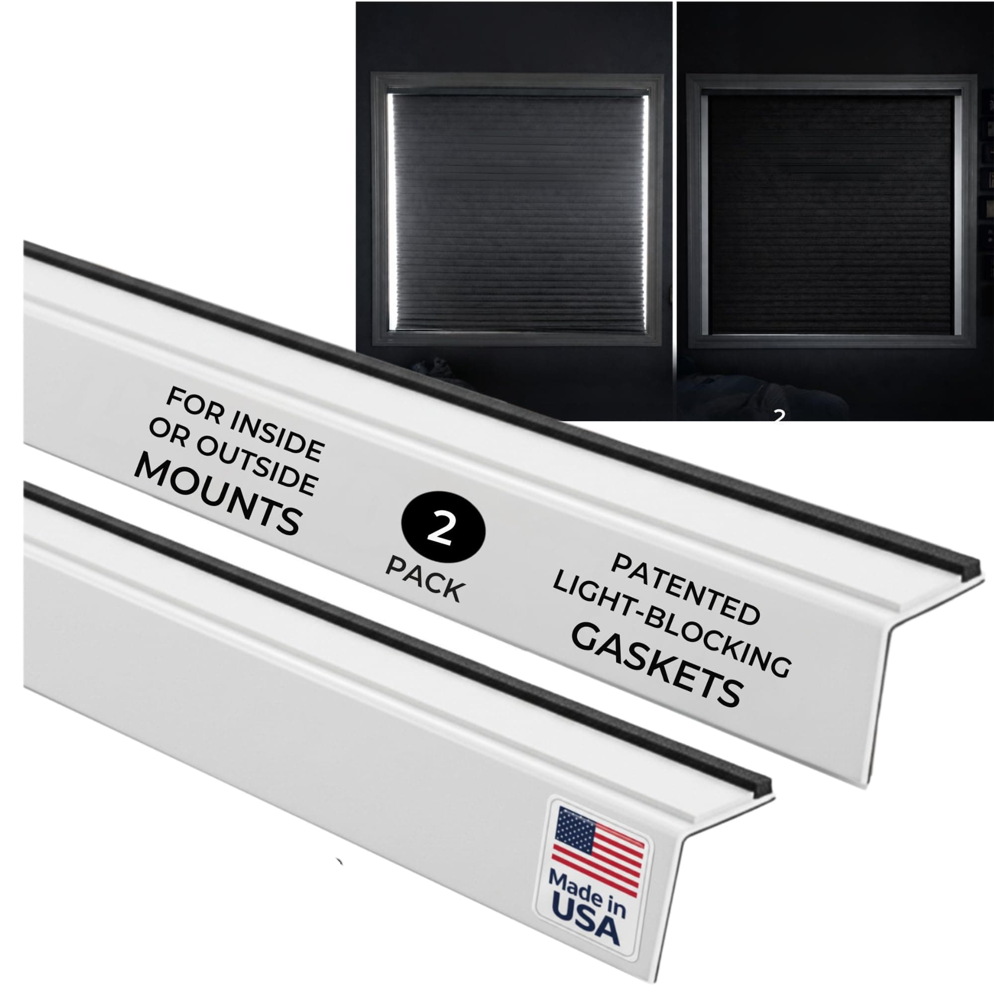 Light Blocking Strips – White 72" Permanent 2pc – Window Light Blocker for Window Roller & Cellular Shades – Side Light Blocker for Bedrooms, Nurseries & Media Rooms