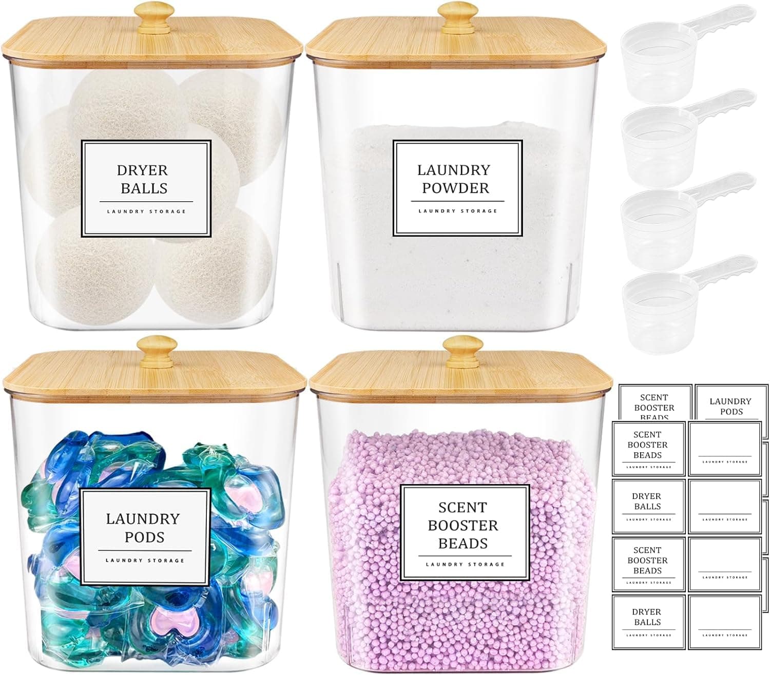 4 Pack Laundry Pods Container,Clear Laundry Detergent Powder Storage Containers,Laundry Room Organization Containers with Bamboo Lids & Labels,Laundry Pods Holder for Scent Booster,Dryer Ball
