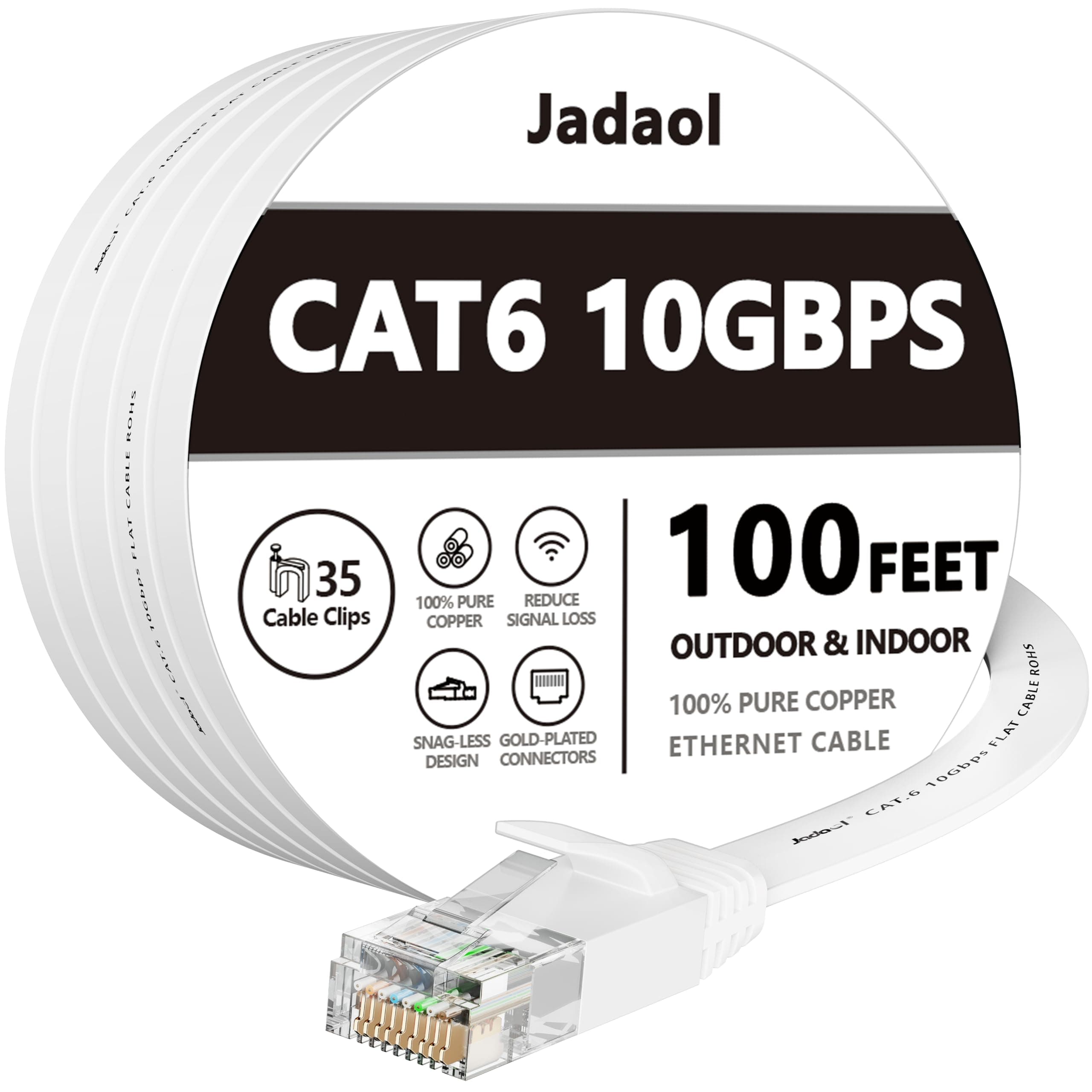 Jadaol Cat 6 Ethernet Cable 100ft, 10Gbps Support Cat8 Cat7 Network, Flat RJ45 LAN Patch Cable, High-Speed Wired Internet Cable for Router, Modem, Switch, Gaming Consoles, PC, Streaming Devices, White