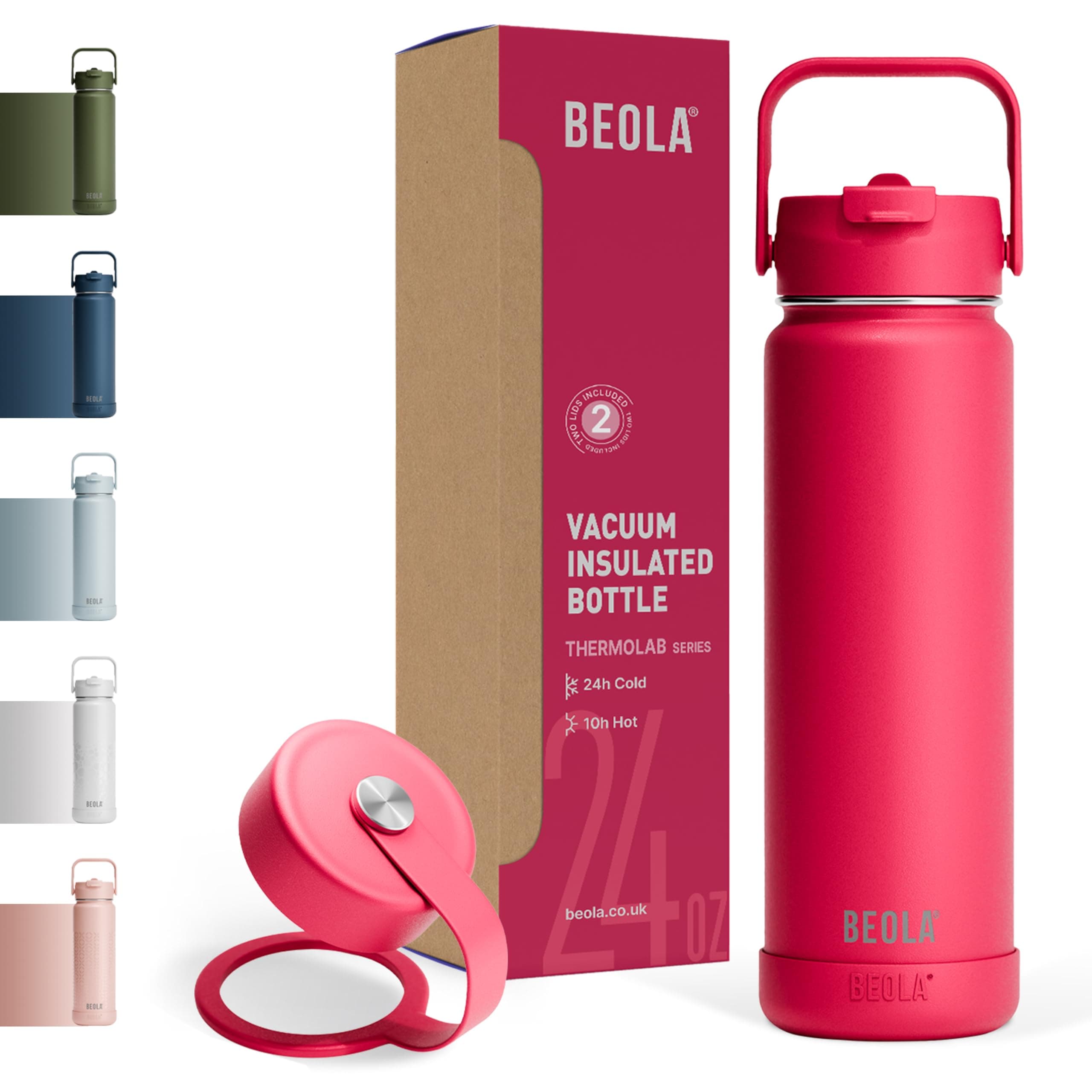 750ml Water Bottle 18/8 Stainless Steel 304 Double Wall Insulated Thermos Bottle with Straw Lid and wide mouth, 2 lids included, Hot Cold Liquids Sports Bottle, 24oz (Raspberry)