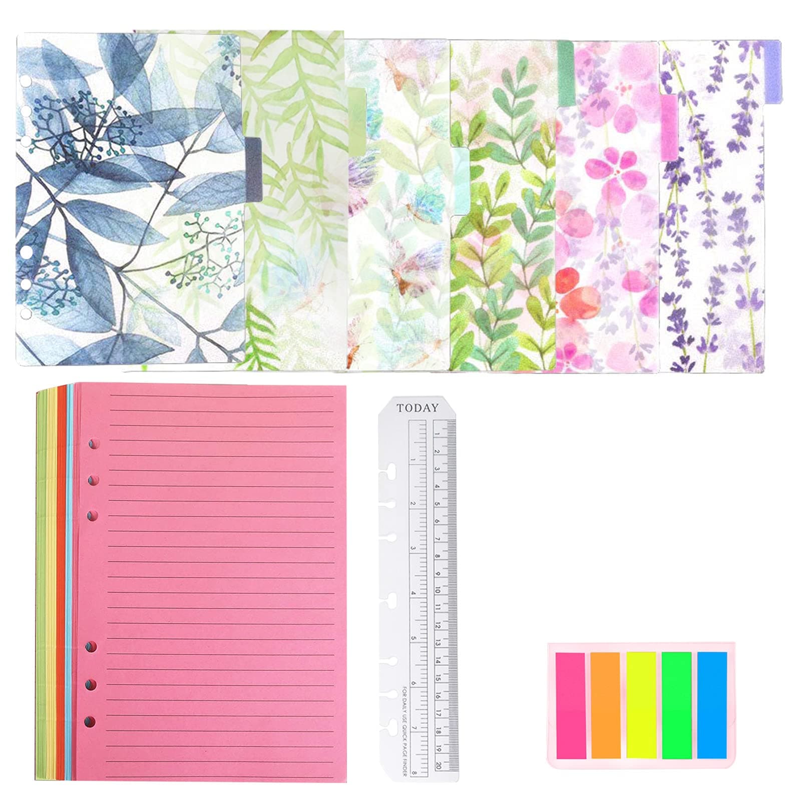 Refillable A5 Notebook Set，1 Pack 50 Sheets 6 Holes Loose-Leaf Lined Refill Paper, 6 PCS PVC Binder Index Dividers Subject Dividers, Ruler And 125 Pcs Note Flags Index Tabs