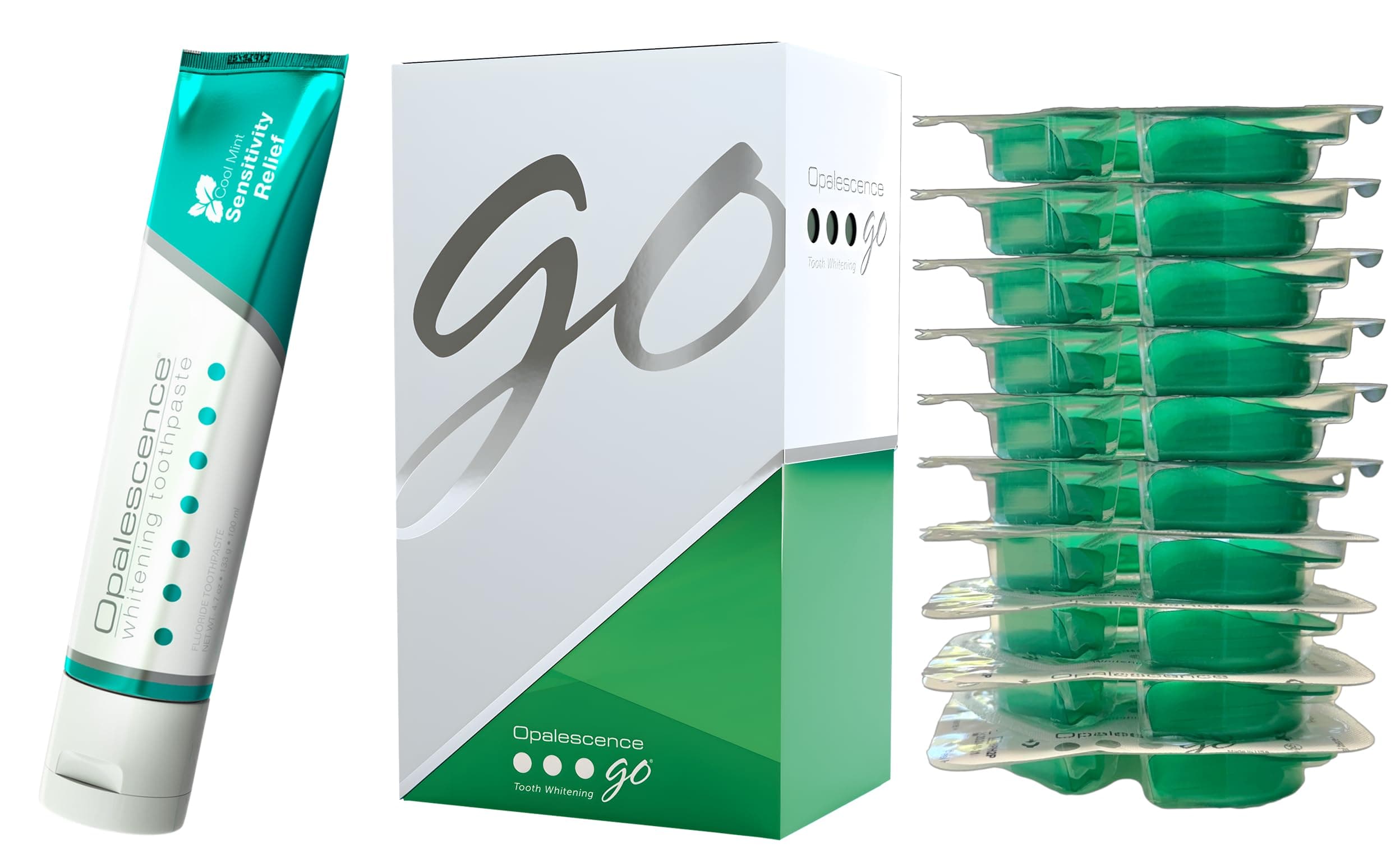 Opalescence GO Teeth Whitening Prefilled Trays with Sensitive Toothpaste Bundle (10 Trearments) 15% Hydrogen Peroxide Gel Plus Opalescence Whitening Toothpaste 4.7 Onz - Mint Flavor- 5194-5167