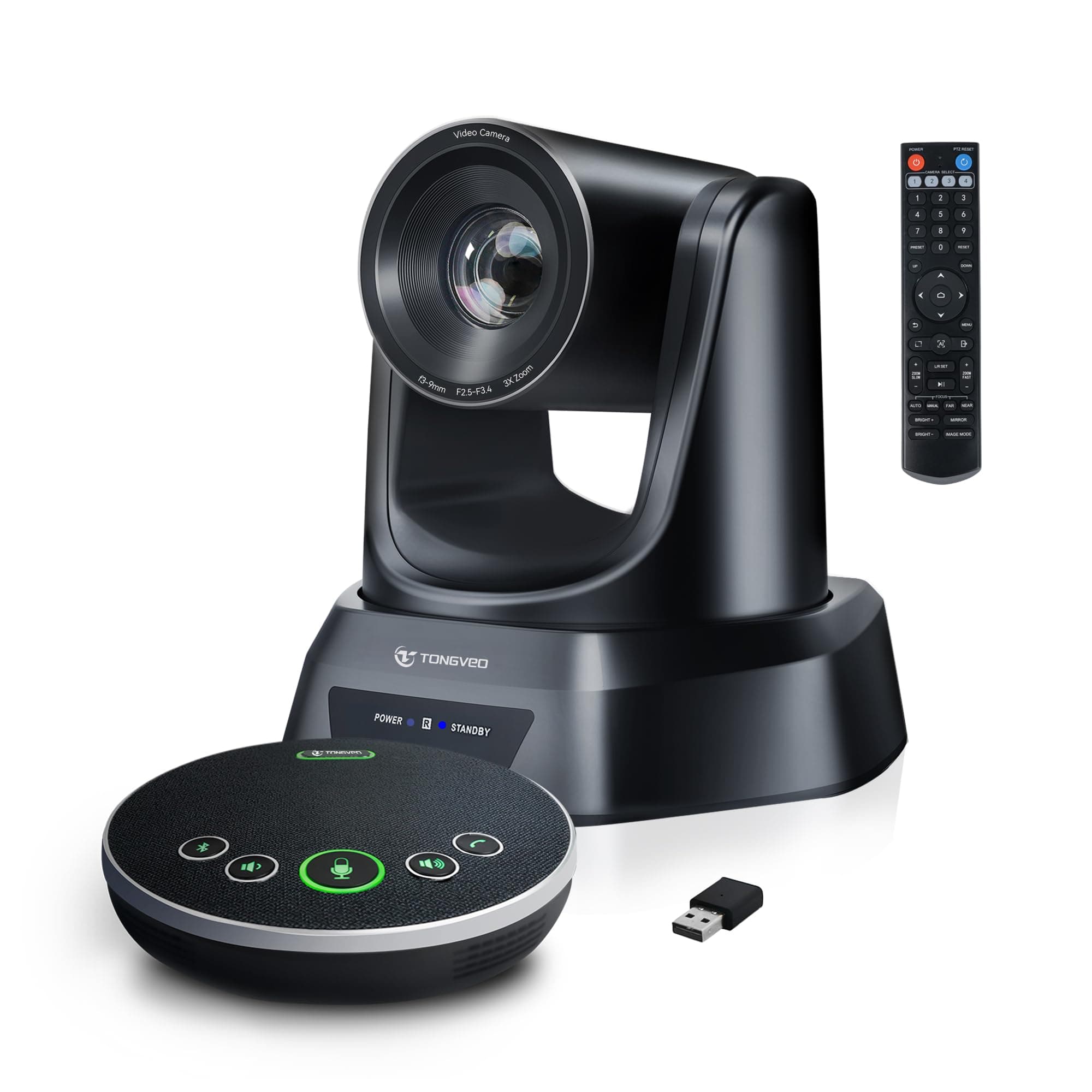 AI PTZ Auto-Tracking Camera with Bluetooth Microphone, 3X Optical Zoom 1080P 60fps All-in-One Video Conference System, 93° Wide Angle Webcam for Church Live Streaming Office