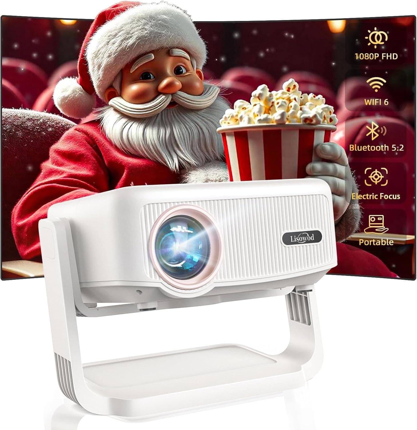 [360° Adjustable Stand] Mini Projector with WiFi and Bluetooth - Lisowod Native 1080P Portable Outdoor Movie Projector for Home Bedroom, Electric Focus & Auto Keystone, Proyector for Phone/Laptop/HDMI