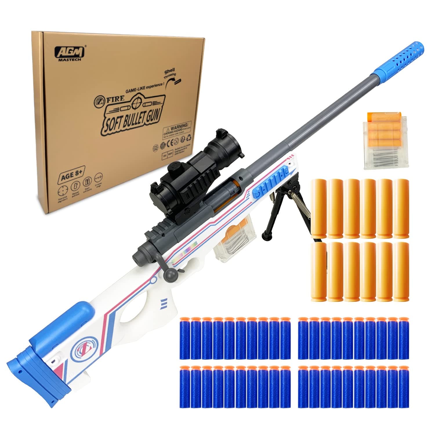 AGM MASTECH AWM Shell-Throwing Blaster Shot Gun, 40 Official Darts, 4-Dart Clip, 2 Magazines, Removable Stock, Barrel Extension, Blaster Toys Playset for Boys, Kids, and Adults (White)