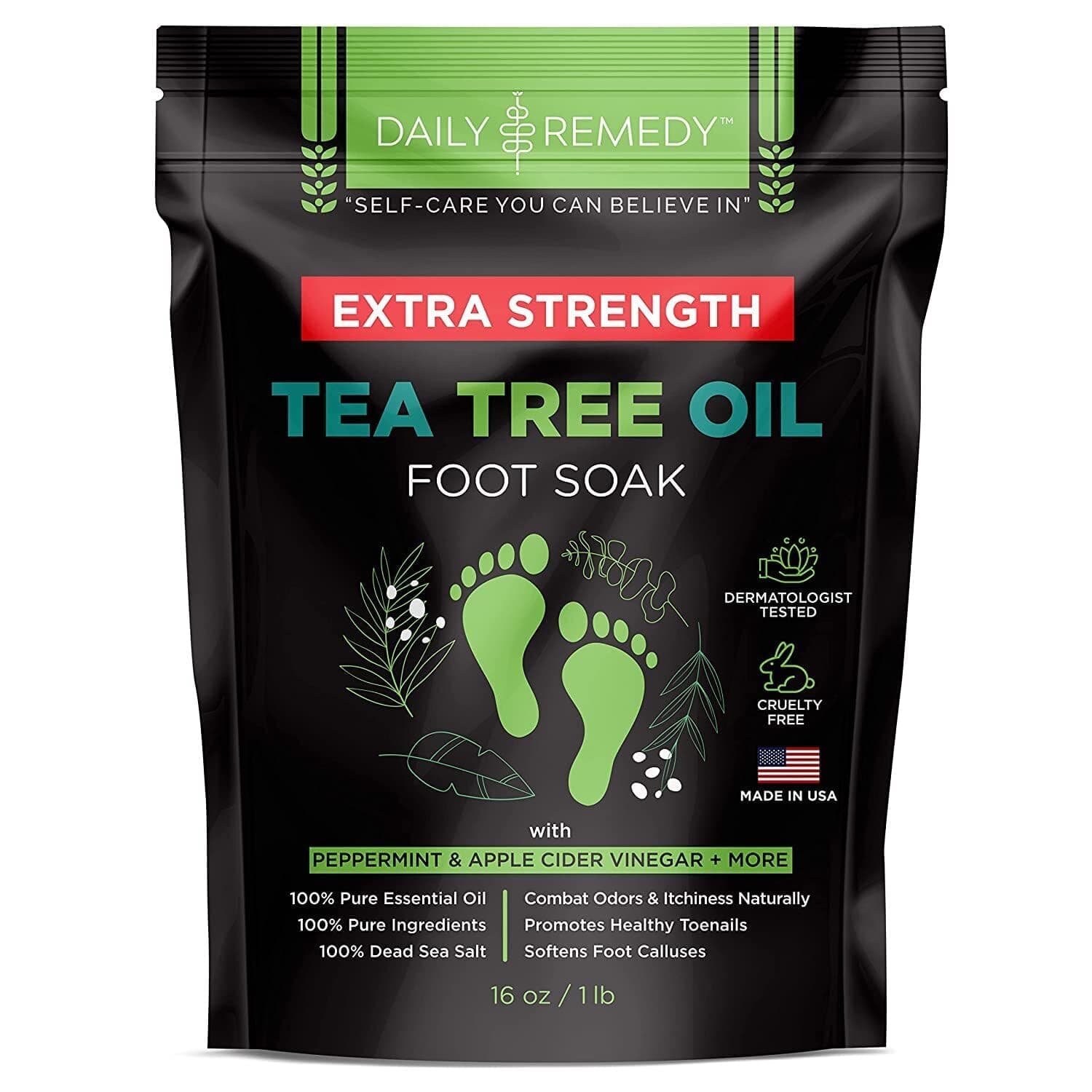 - EXTRA STRENGTH Tea Tree Oil Foot Soak w/ Epsom Salt Made in USA Toenails,Athlete's Foot,Itchy Feet,Stubborn Smelly Foot Odor,Pedicure Calluses & Soothes Sore Tired Achy Feet 16 oz,Black