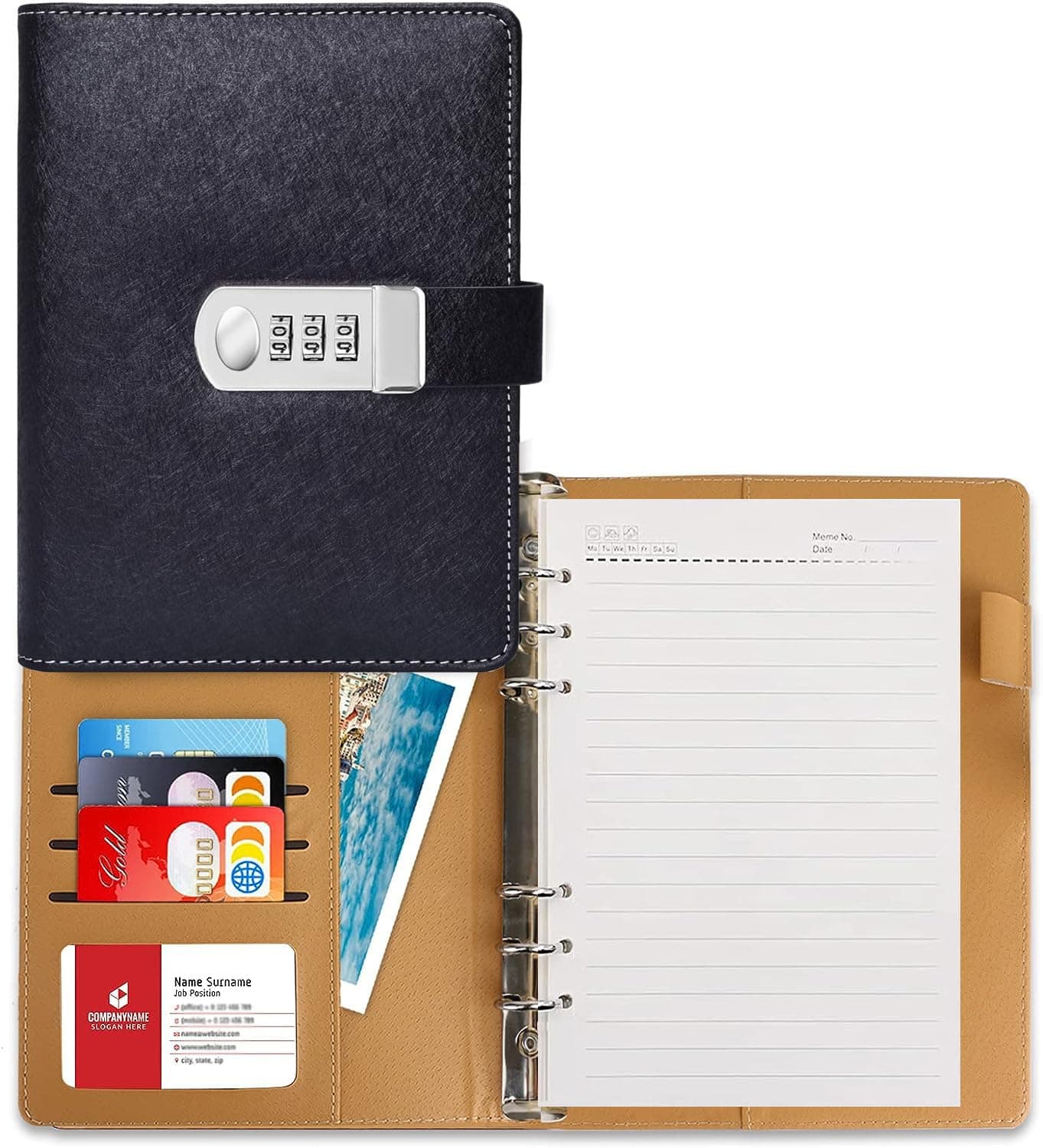 Premify A5 Notebook with Lock, Spiral Coded Diary Faux Leather | Lockable Binder Notebook with 4 Card Slots, Refillable Personal Planner with Combination Lock Journal Writing Notepad (BLACK)