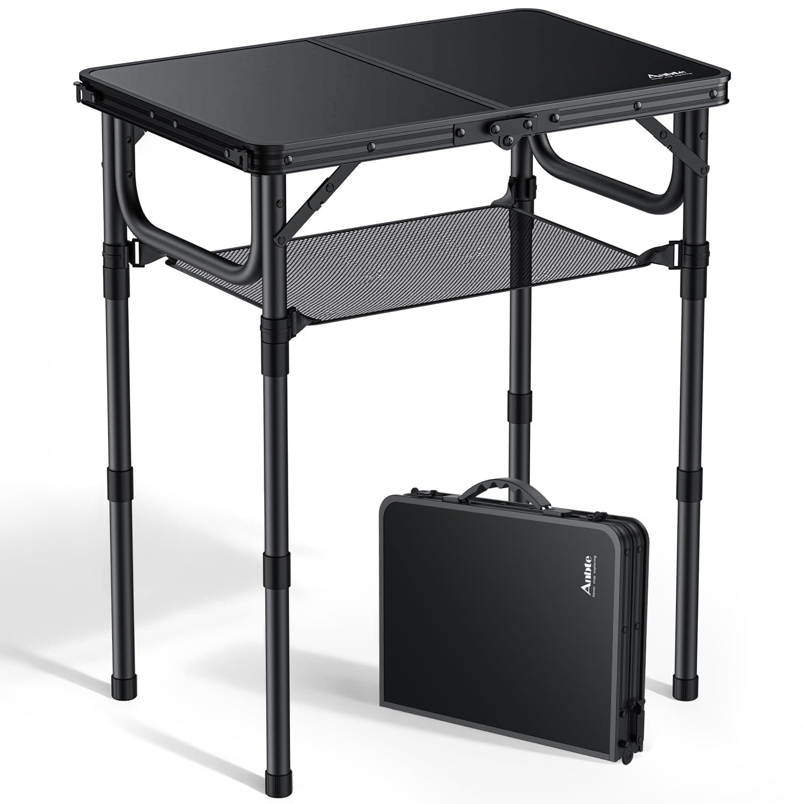 Anbte Folding Camping Table with Storage Net, 3 Adjustable Heights 2ft Aluminum Small Folding table, Lightweight Outdoor table, Portable Handle for Travel, Picnic, Camping, 60cm x 40cm, Pure Black