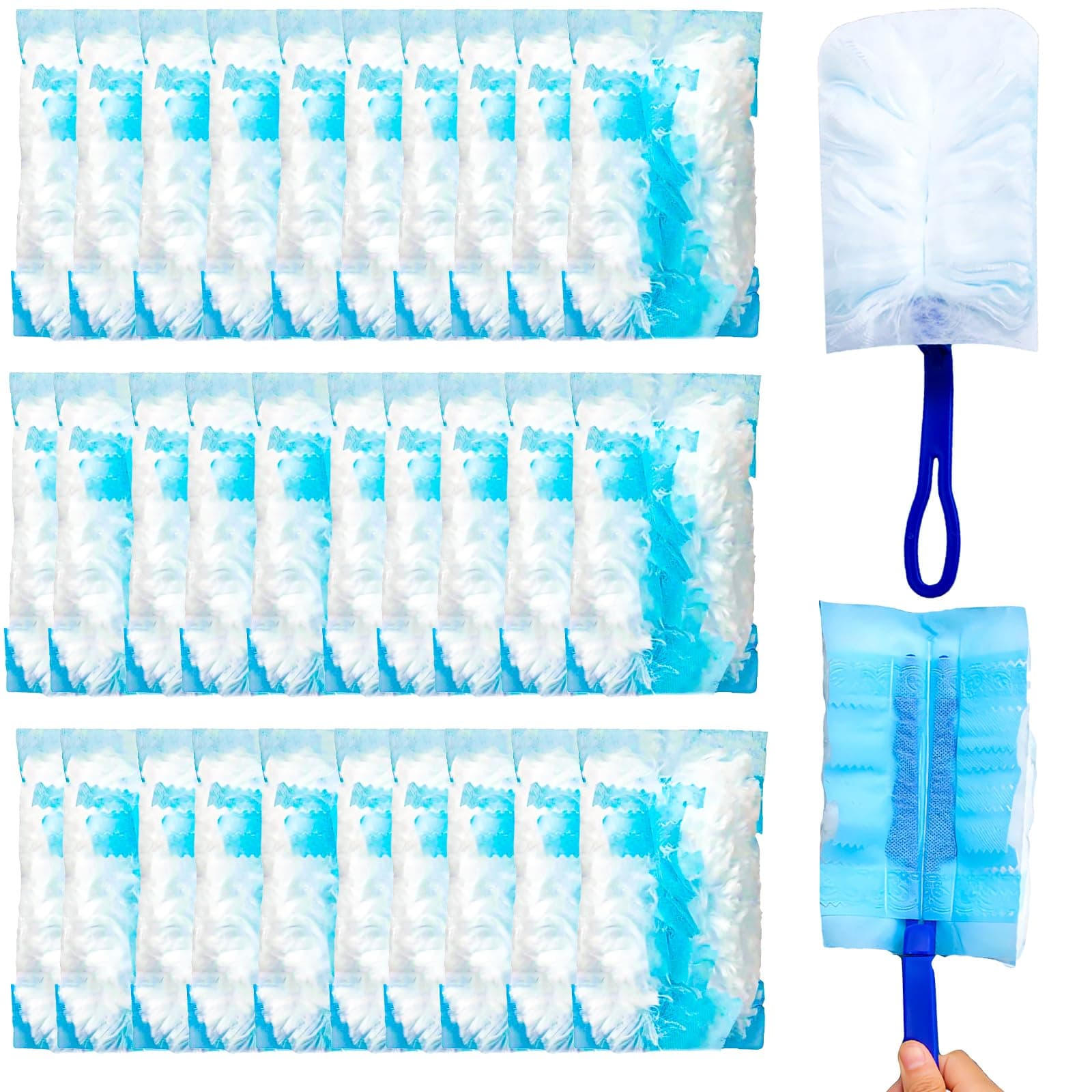 32Pcs Flash Dust Magnet Duster Heads Feather Duster Flash Dust Magnet Starter Kit with 2 Handles 30 Refills Electrostatic Duster for Home Cleaning Manual Dust (Blue)