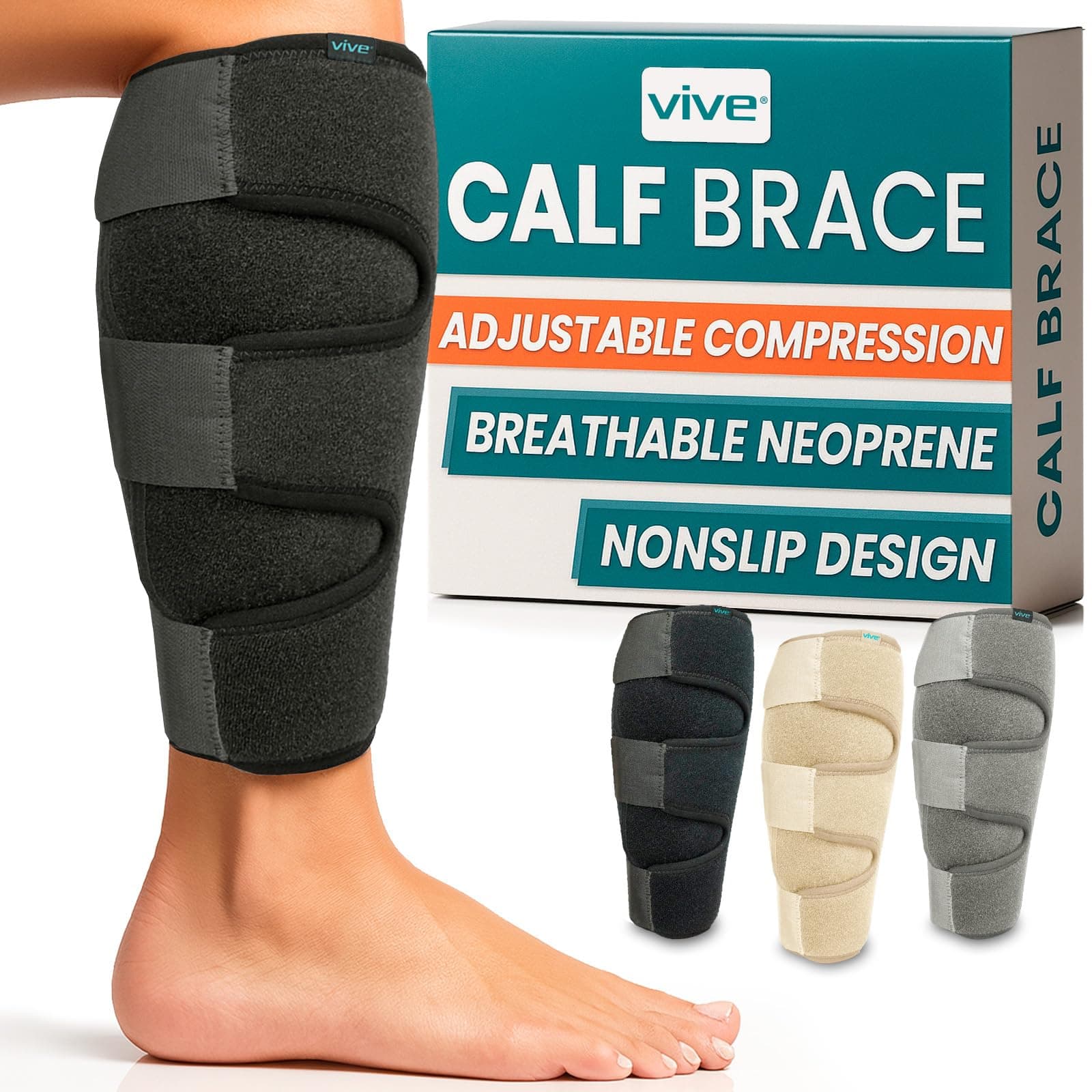 Vive Calf Brace - Adjustable Shin Splint Support - Lower Leg Compression Wrap Increases Circulation, Reduces Muscle Swelling - Calf Sleeve for Men and Women - Pain Relief (Black)