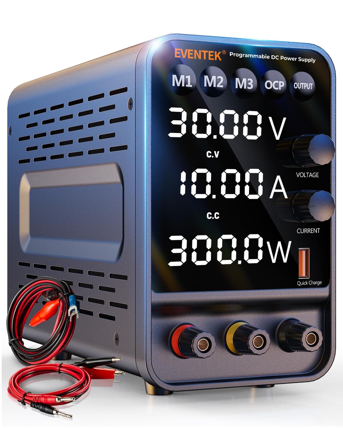 Eventek DC Power Supply, 30V/10A Variable Power Supply with Encoder Adjustment Knob, Memory Switching Bench Power Supply with 4-Digits LED Display, 5V/3.6A USB Output & Banana Plug Lead