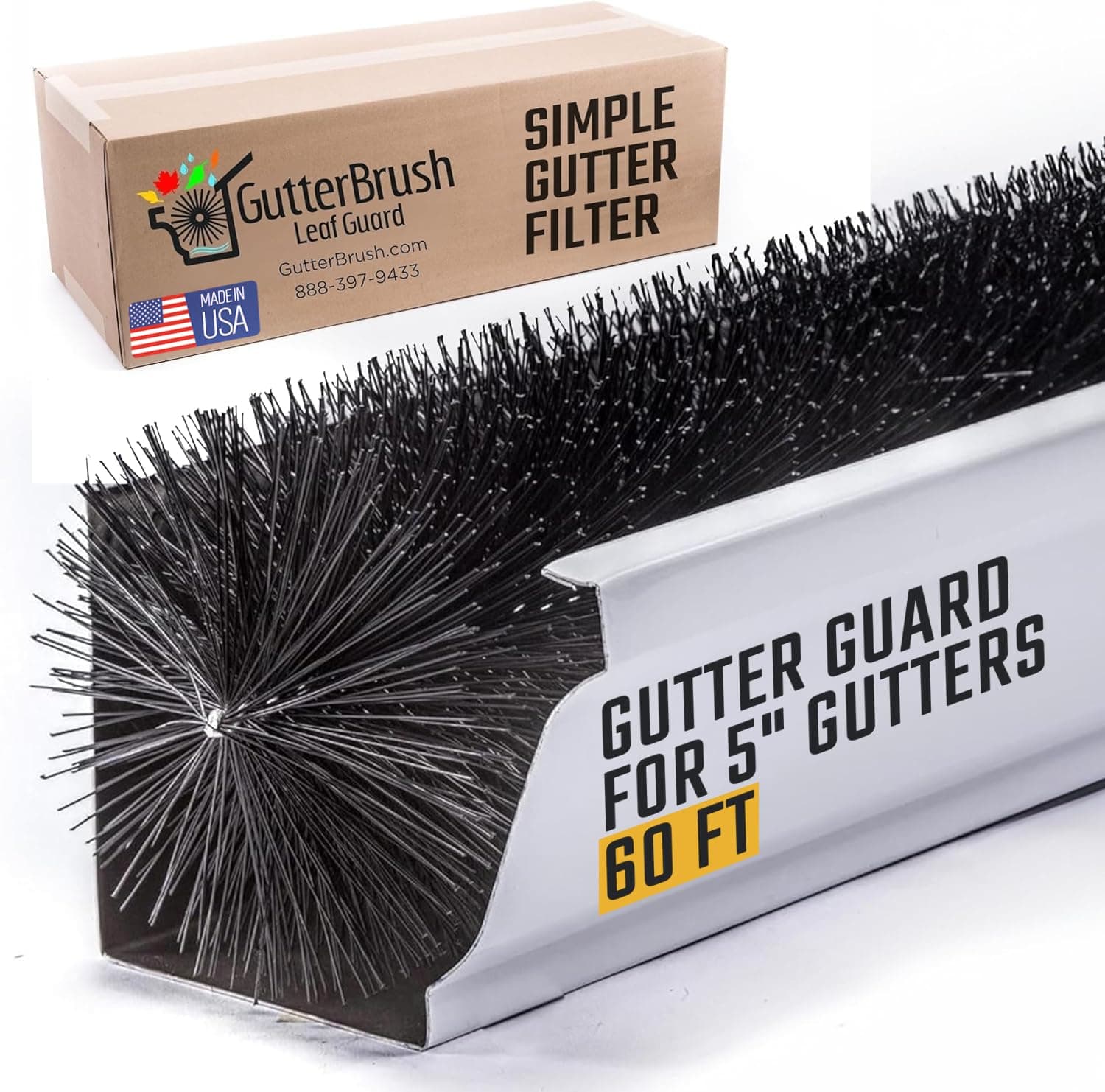 GutterBrush Gutter Guard for 5 Inch Gutters – 60 Ft DIY Leaf Filter Insert | 4.25" Diameter Brush Stops Clogs from Leaves & Debris | Gutter Screen & Cover Alternative - Made in USA