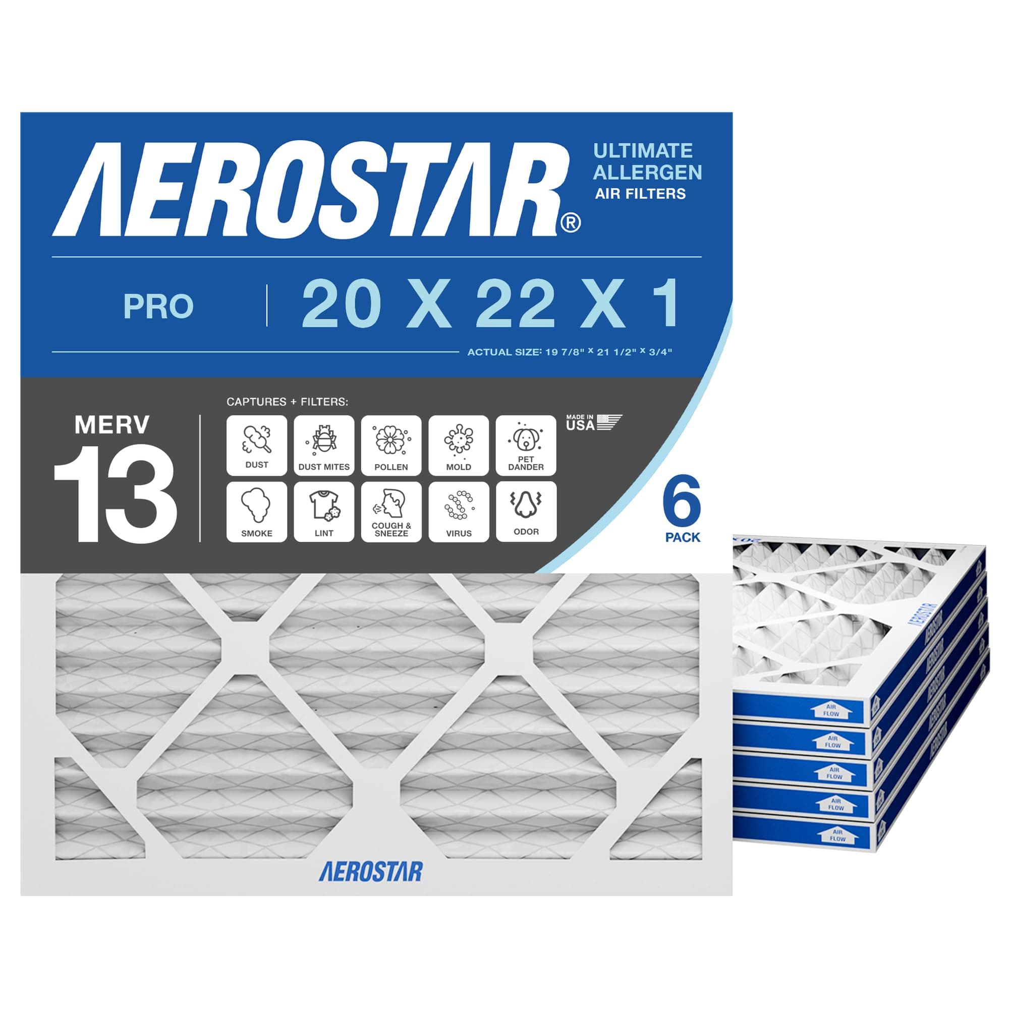 Aerostar 20x20x1 MERV 13 Air Filter, 6 Count, ACTUAL SIZE (19.75 x 19.75 x 0.75), HVAC, Air Conditioning & Furnace Filter for Allergies, Dust, Pet Dander & Smoke (MPR 1500 / FPR 10), Made in USA