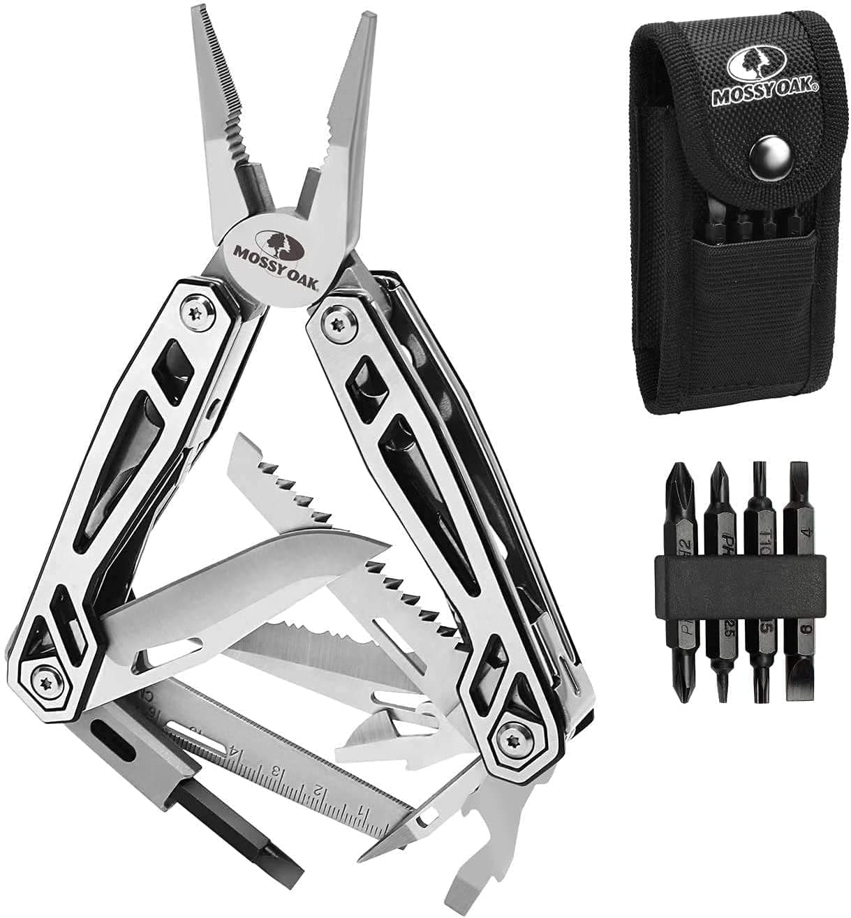 Mossy Oak Multi-Functional Pliers with Spring, 21-in-1 Outdoor Multi-Tool, Outdoor Knife, Pliers, Wire Cutter, Saw, Screwdriver, Measuring Tape, Can Opener, Bottle Opener, Includes Driver Bits, Comes