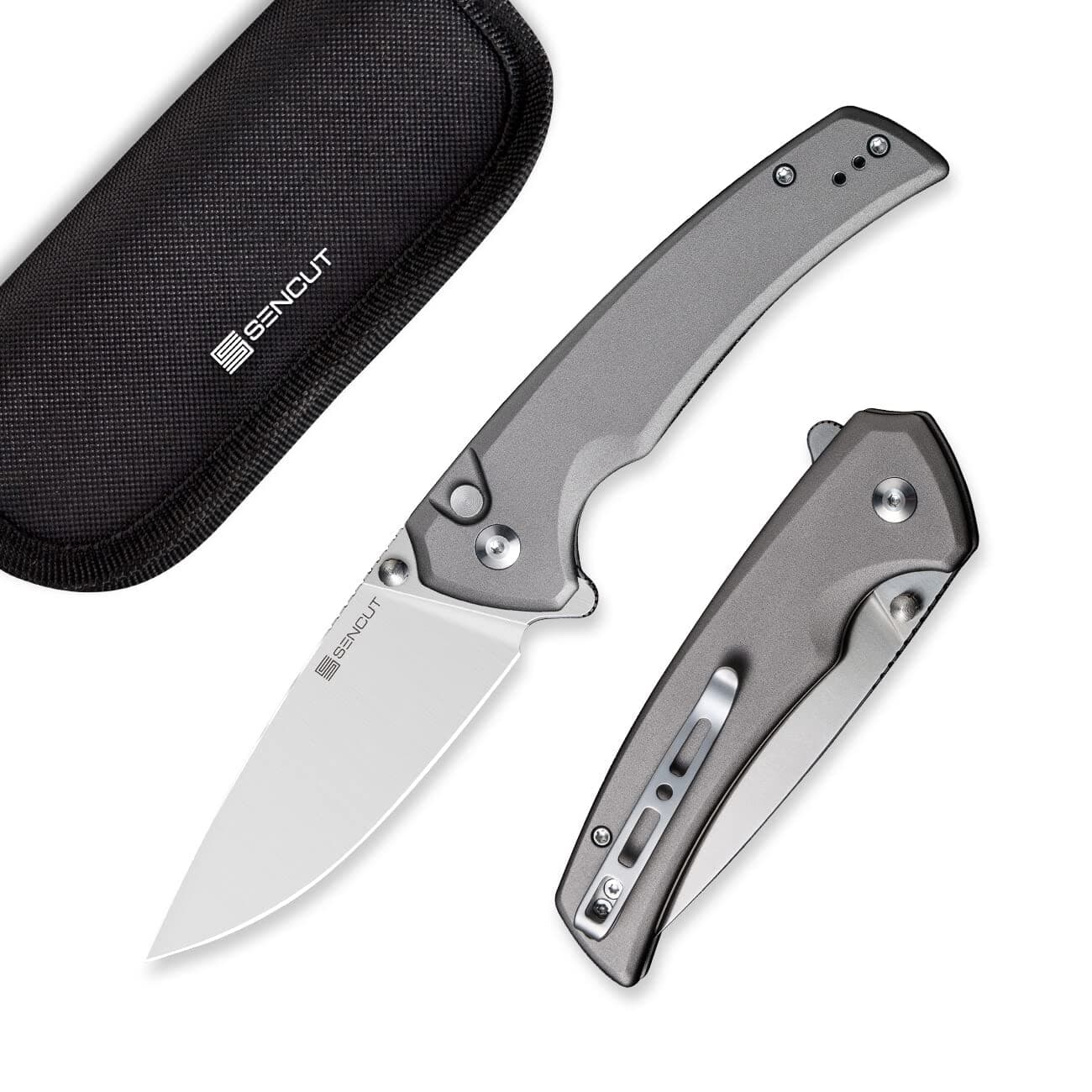Button Lock Pocket Knife for EDC, Serene Folding Knife, Thumb Stud & Flipper Opener, Aluminum Handle with 3.48" D2 Black Stonewashed Blade for Outdoor, Camping, Hunting S21022B-3 (Gray)