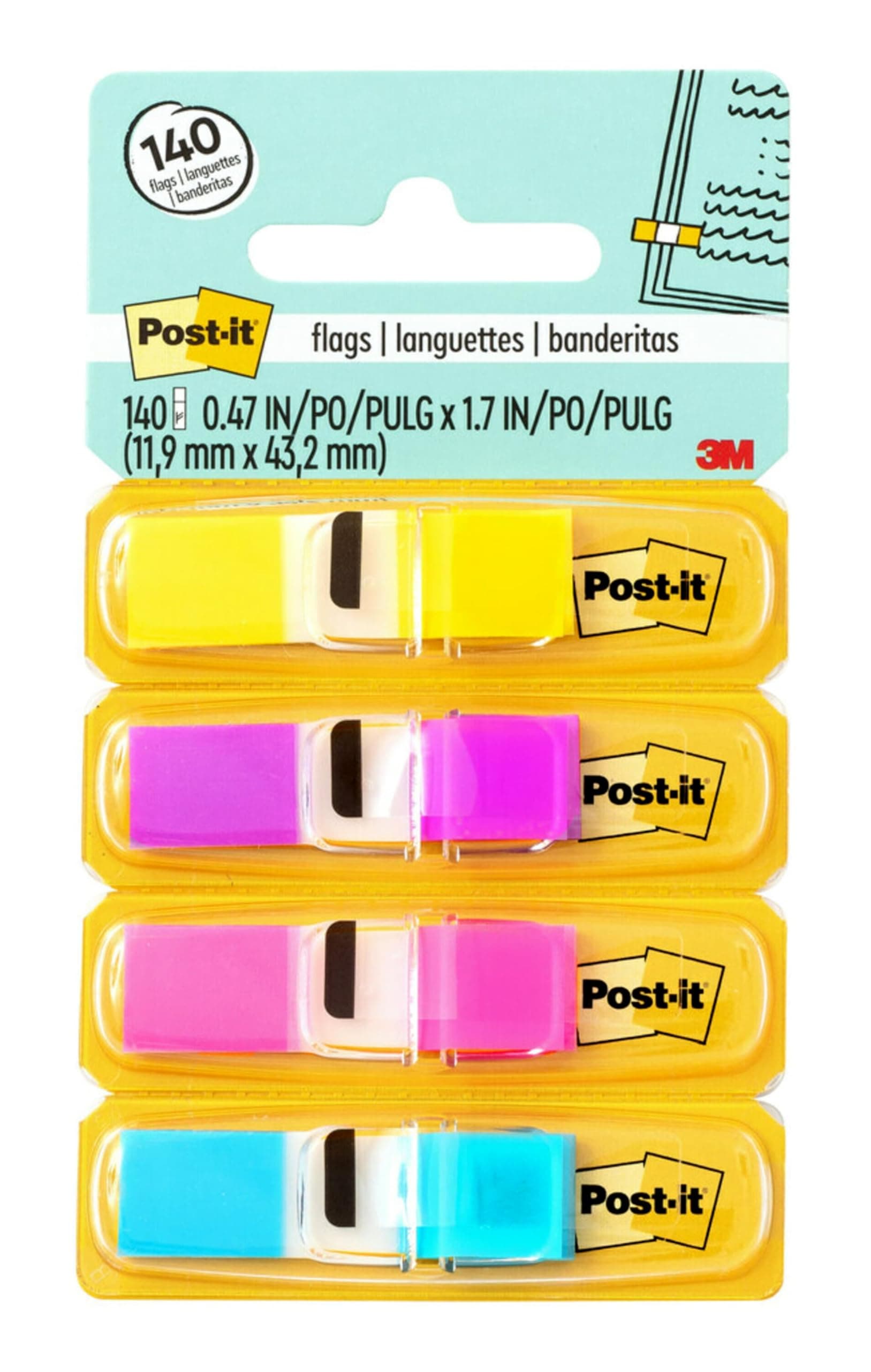 Post-it Flags 1/2" Dispenser 1/2 x 1.7 in (11.9 x 43.2 mm), 4 colors/pack | Bright Assorted colors | Mark, Highlight, Color Code | No Damage | Page Markers | Book Tabs | Sticky Index | 35 flags/color