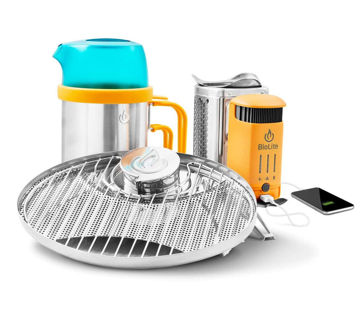 BioLite CampStove 2 Bundle- Includes Wood-Burning Small Lightweight CampStove 2, USB FlexLight, 2600 mAh Powerbank, Portable Grill and KettlePot Attachments, Silver/Yellow/Aqua (CSX2001)