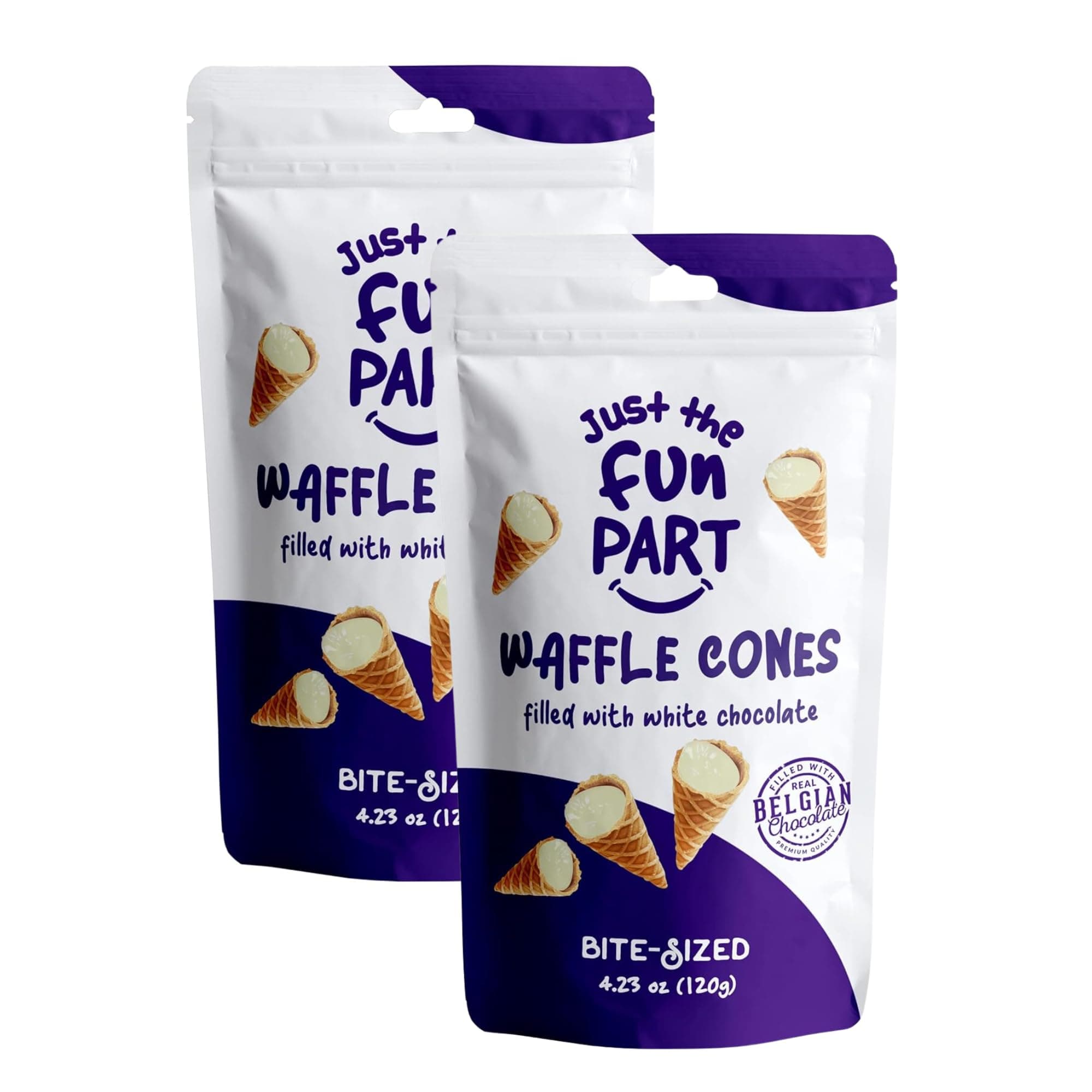 Just The Fun Part | Bite-Size Crispy Mini Waffle Cones | Filled With Premium Belgian Chocolate | Great For Snacks, Desserts, Grab & Go | Kosher | 4.23 Ounce (Pack of 2, White Chocolate)