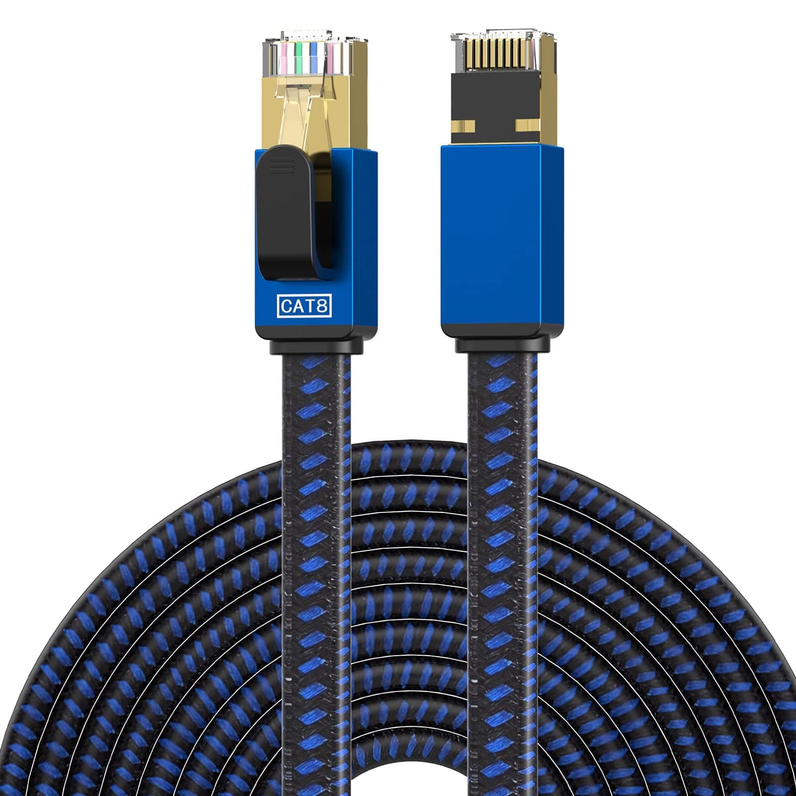 Cat8 Ethernet Cable - 100FT High Speed Long Internet Cable with Nylon Braided Shielded Flat RJ45 Connectors for PC