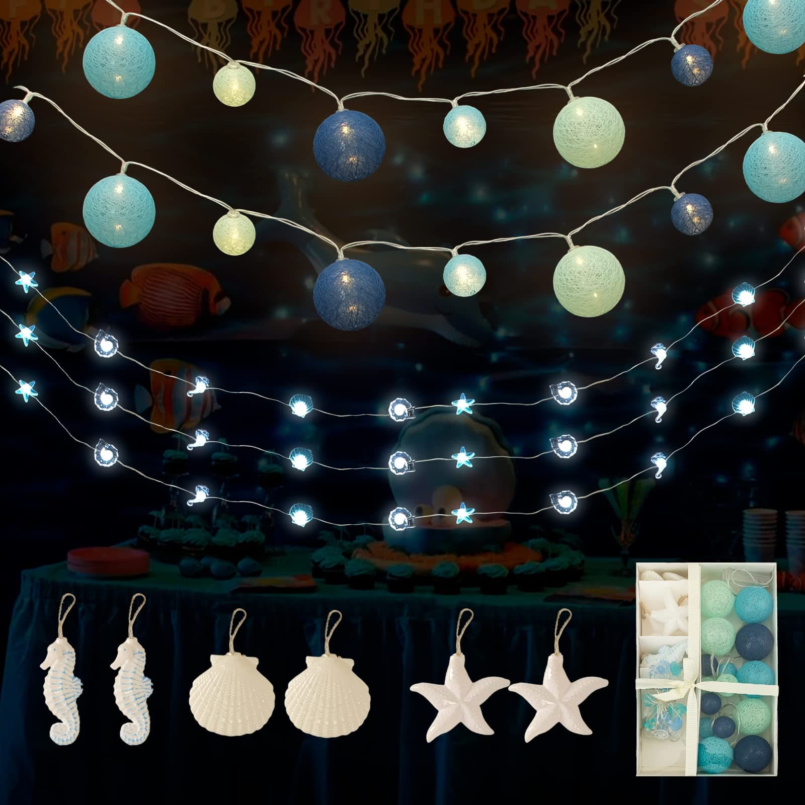 Gift Box 2 Set Led String Lights,Cotton Ball String Lights and Ocean String Lights,Blue Fairy Lights,Boy's Bedroom,Courtyard, Wedding, Christmas,Party,Festival Decor