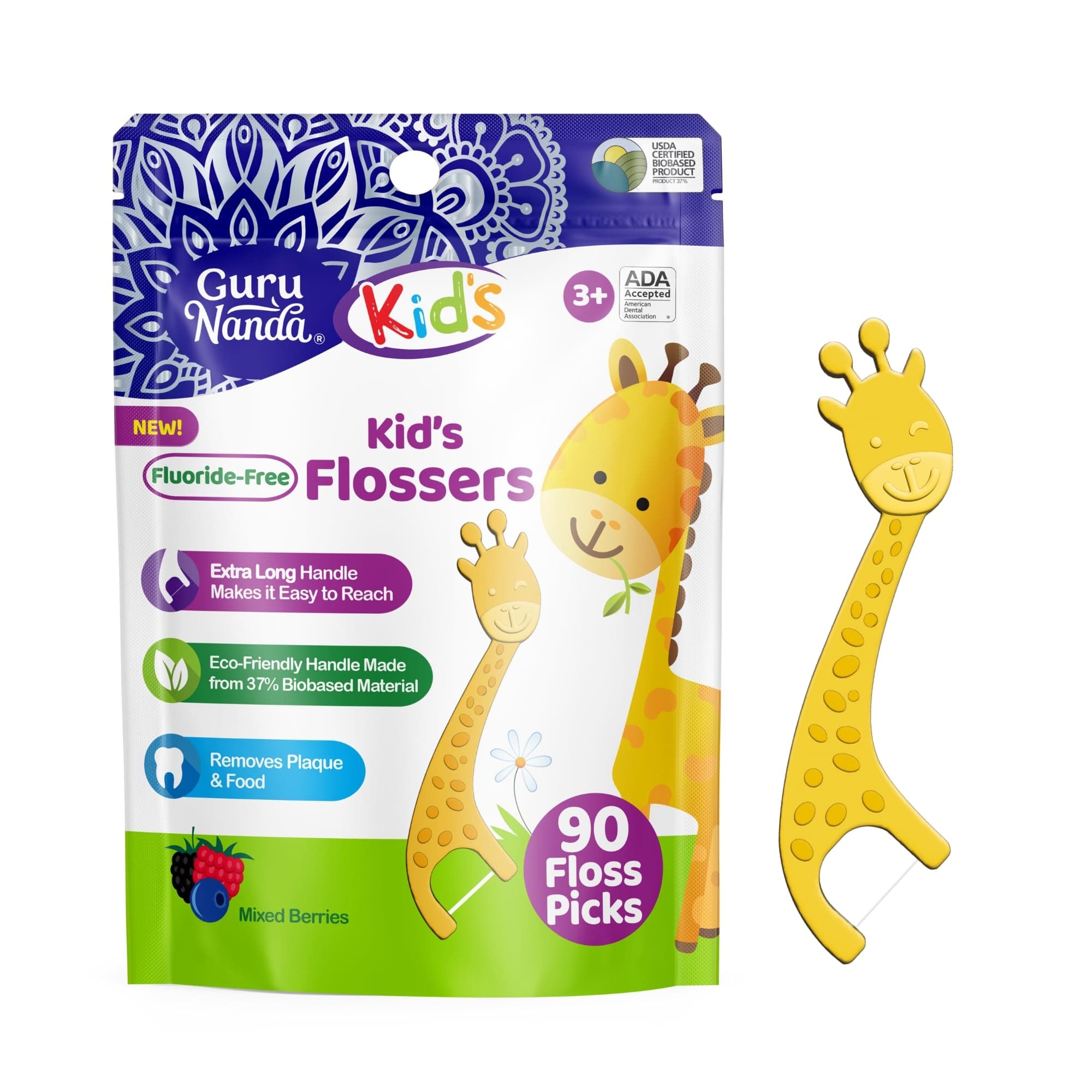 Dental Floss Picks for Kids, Extra-Long Giraffe-Shaped Picks, Fluoride-Free, Anti-Slip & Shred-Resistant Design & Eco-Friendly Handle & Berry Flavor, Ideal for Ages 3+, 90 Count (Pack of 1)